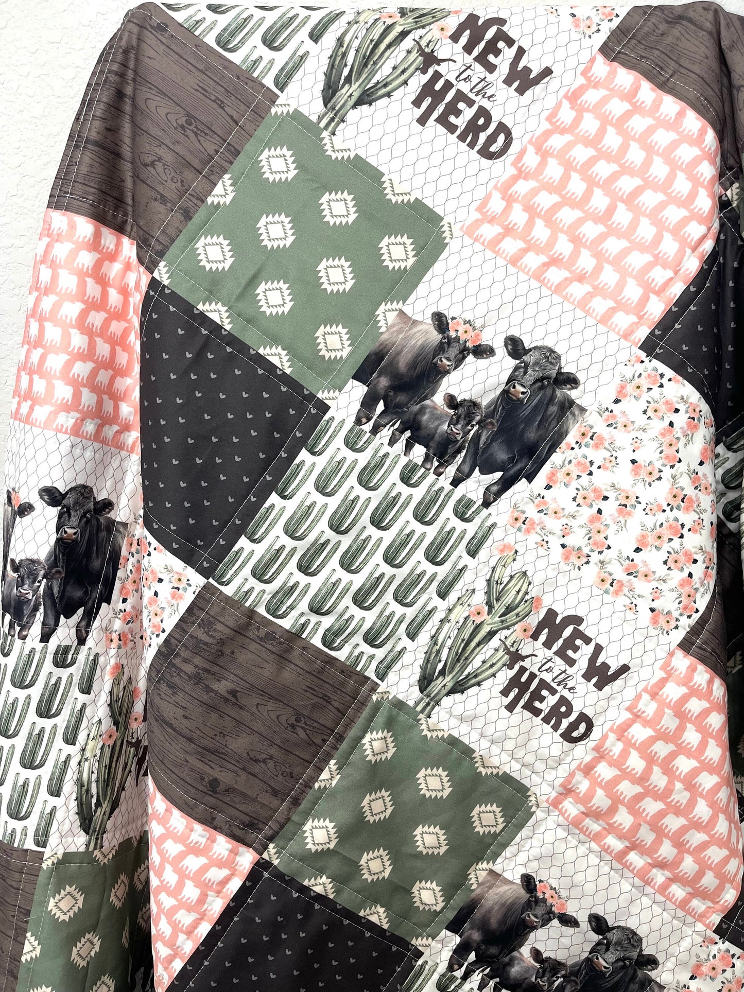 baby girl quilt, farm theme nursery, cow , barn, floral,  handmade baby blanket, baby shower gift, nursery decor, crib bedding