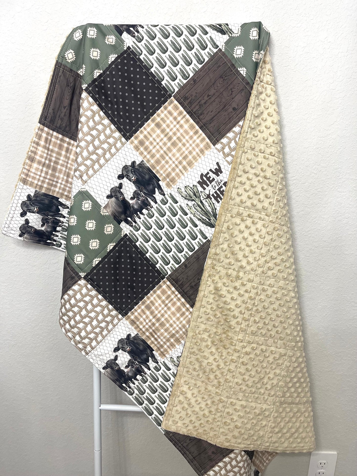 baby boy quilt, farm theme nursery, cow,  handmade baby blanket, baby shower gift, nursery decor, crib bedding