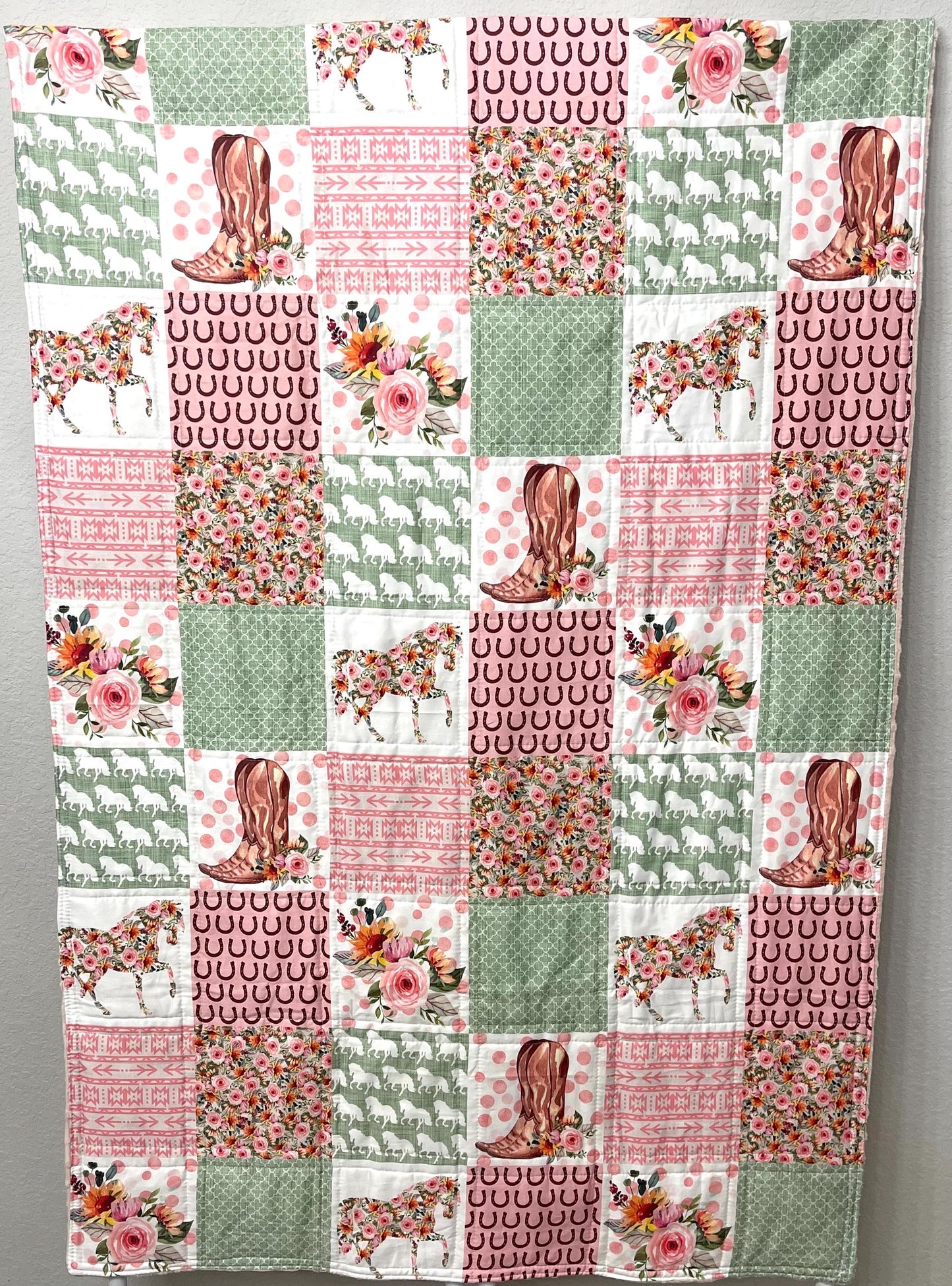 baby girl quilt, horse theme nursery, floral, horseshoes, western , handmade baby blanket, baby shower gift, nursery decor, crib bedding