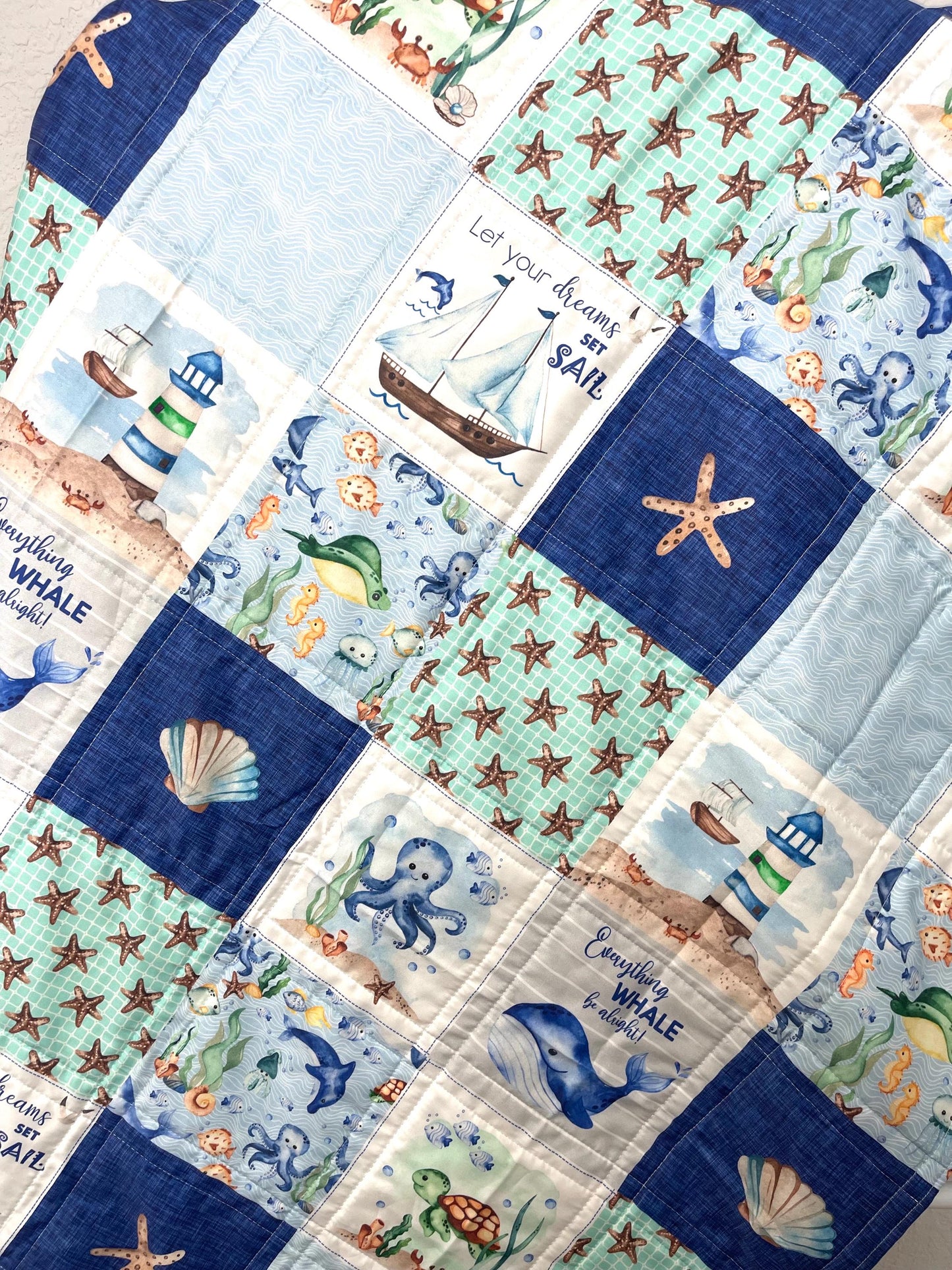 baby boy quilt, nautical quilt, whales nursery,handmade baby blanket, baby shower gift, nursery decor, crib bedding, handmade quilt