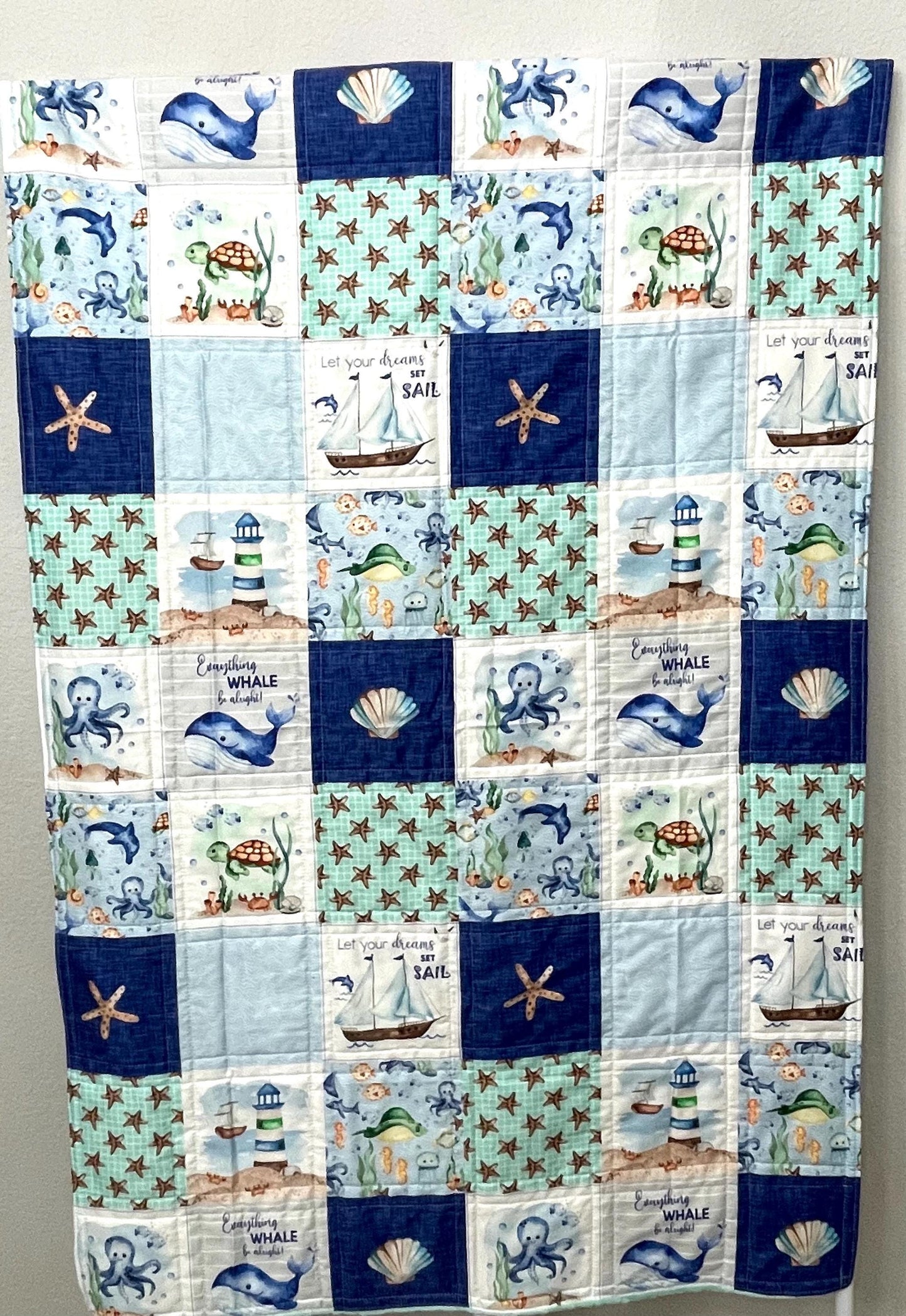 baby boy quilt, nautical quilt, whales nursery,handmade baby blanket, baby shower gift, nursery decor, crib bedding, handmade quilt