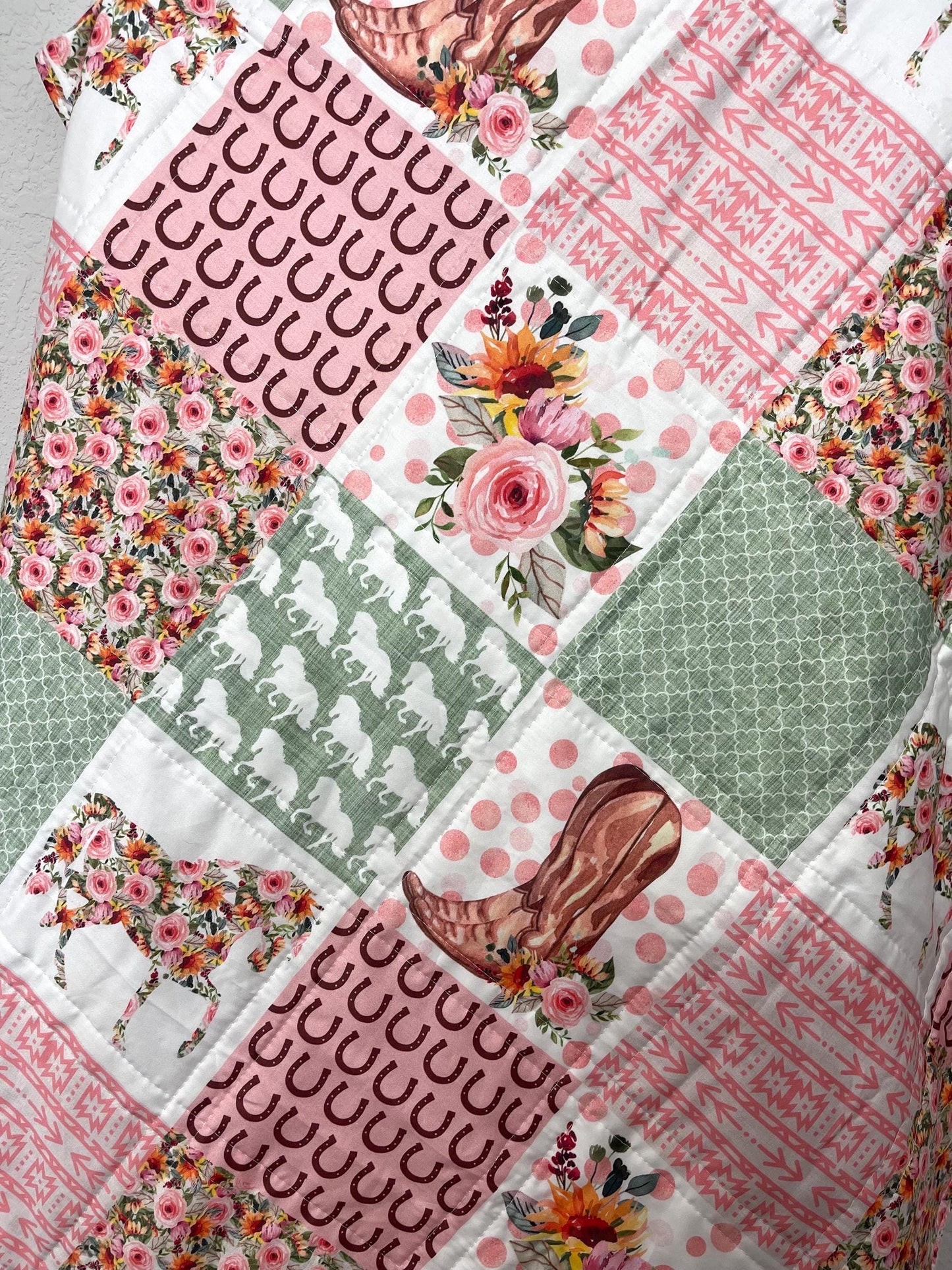RESERVED FOR Cookie root - baby girl quilt, horse theme nursery, floral, horseshoes, western , handmade baby blanket, baby shower