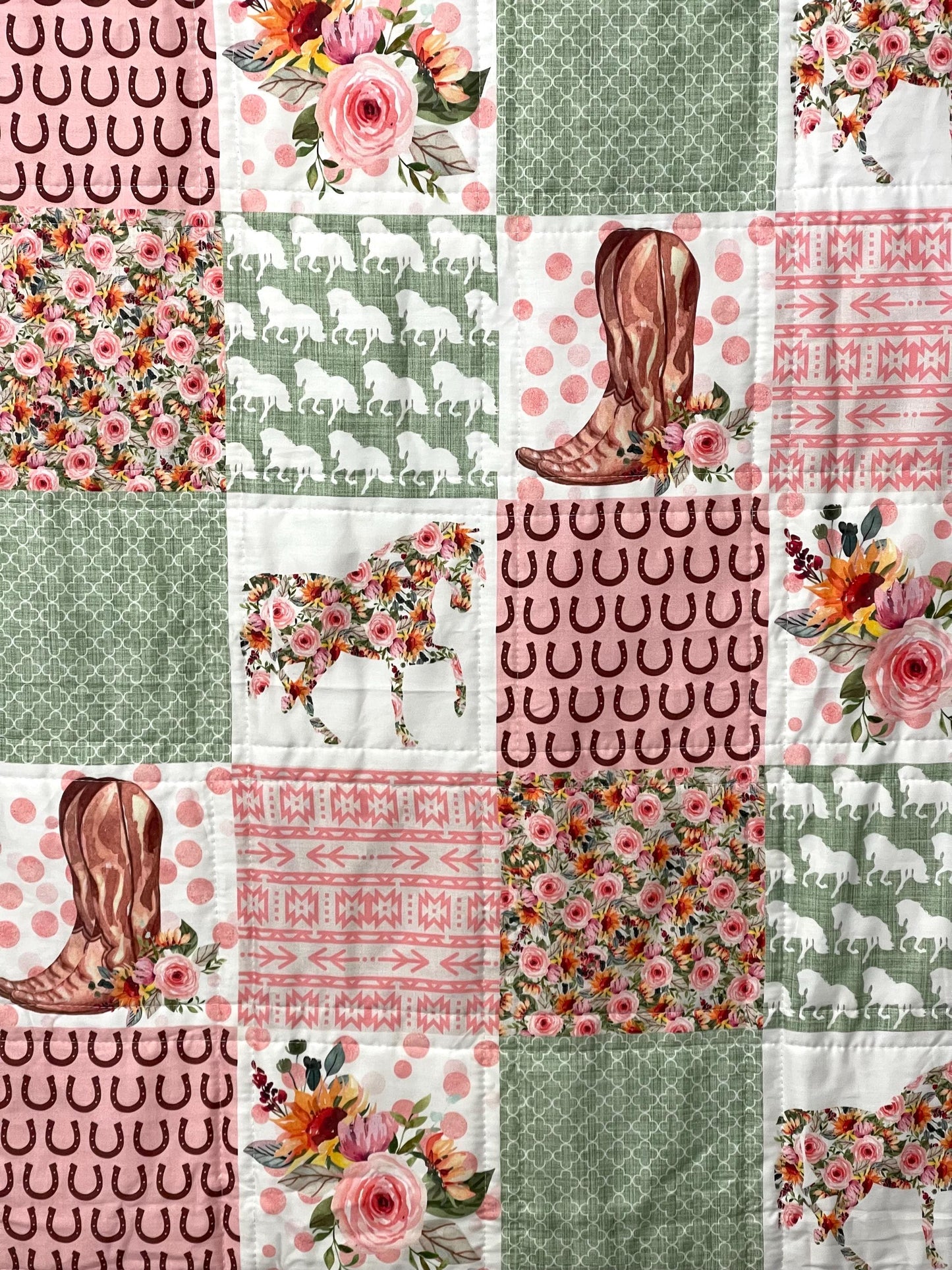 baby girl quilt, horse theme nursery, floral, horseshoes, western , handmade baby blanket, baby shower gift, nursery decor, crib bedding