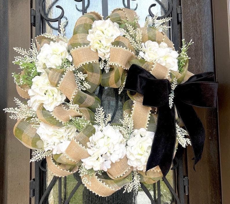 Farmhouse Style Wreath, Hydrangea Porch Decor
