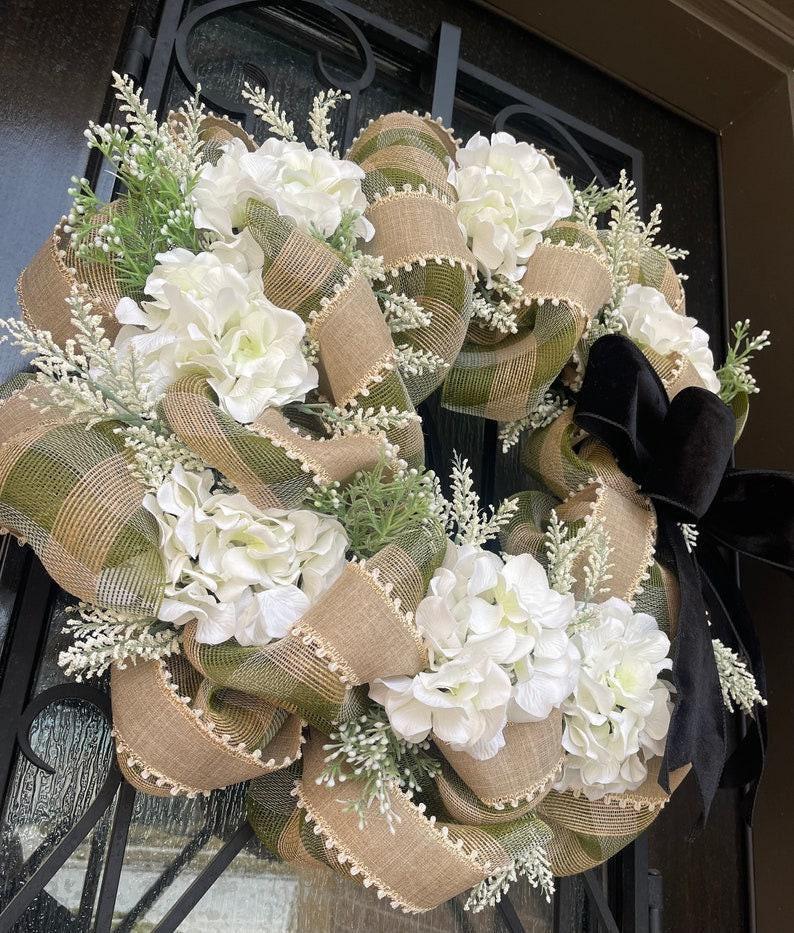 Farmhouse Style Wreath, Hydrangea Porch Decor