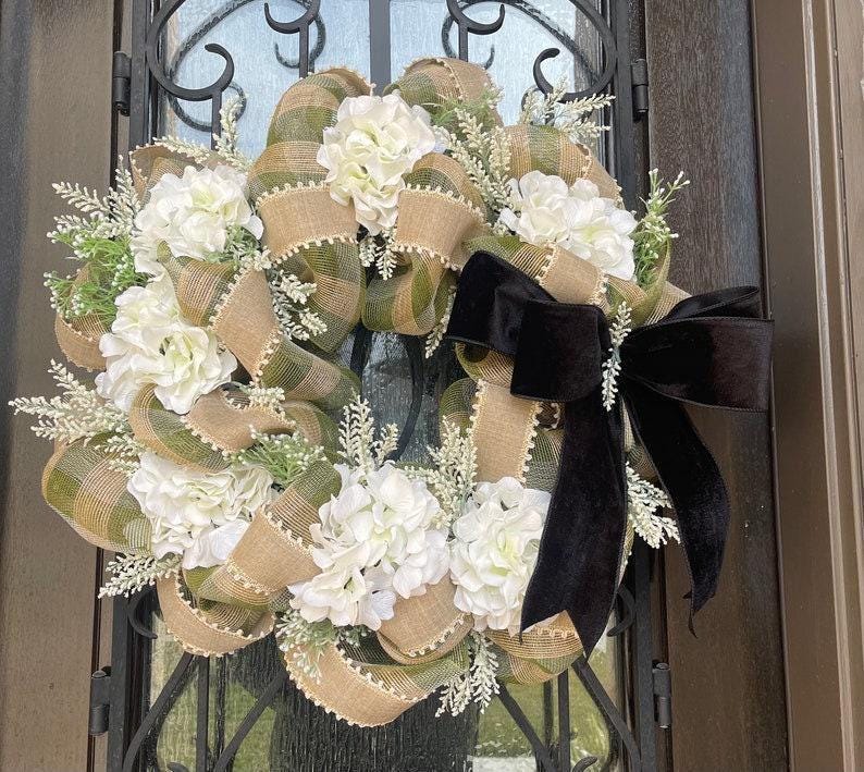 Farmhouse Style Wreath, Hydrangea Porch Decor