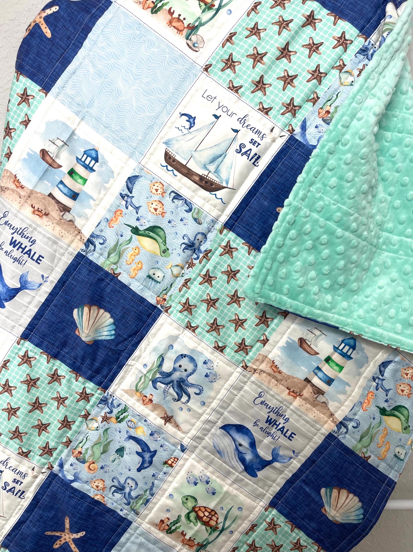 baby boy quilt, nautical quilt, whales nursery,handmade baby blanket, baby shower gift, nursery decor, crib bedding, handmade quilt