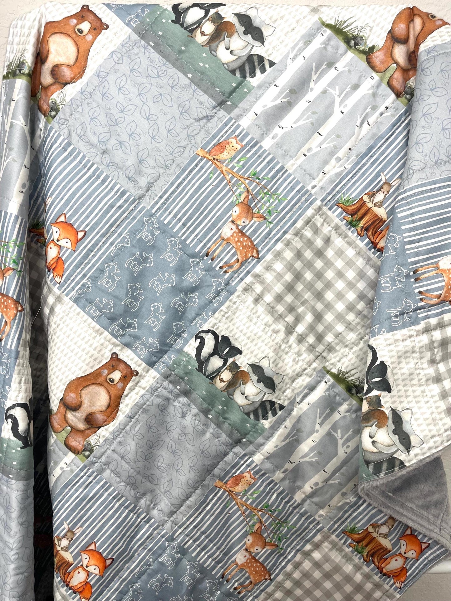 baby boy quilt, woodland quilt, woodland nursery,  handmade baby blanket, baby shower gift, nursery decor, crib bedding