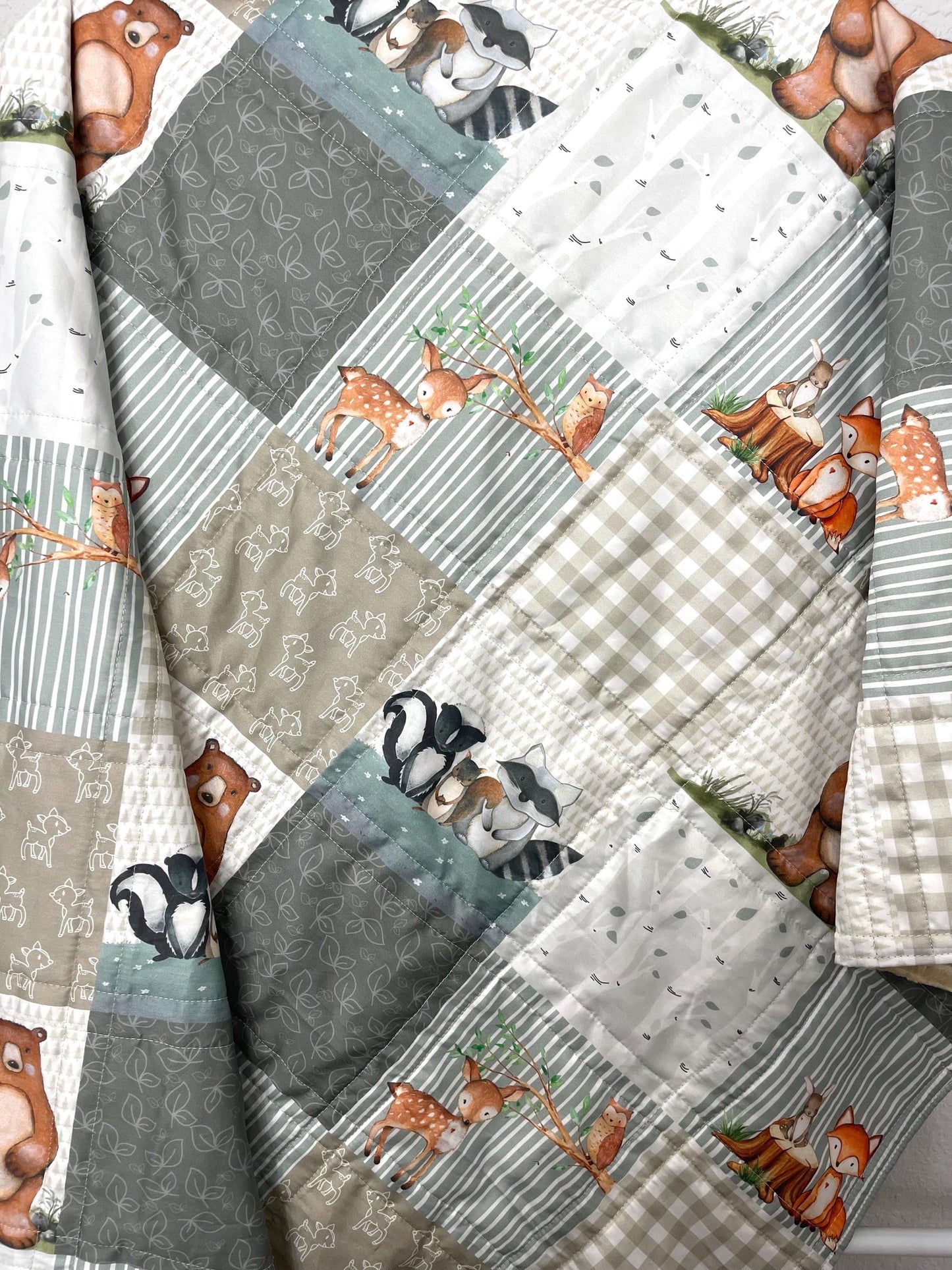 Handmade Woodland Baby Quilt, Organic Cotton Sateen, Eucalyptus Green