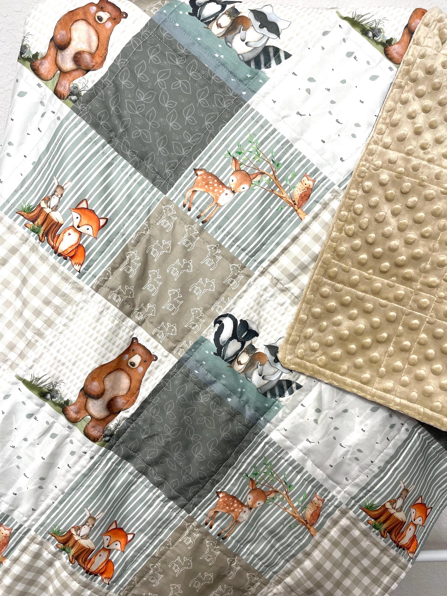 Handmade Woodland Baby Quilt, Organic Cotton Sateen, Eucalyptus Green