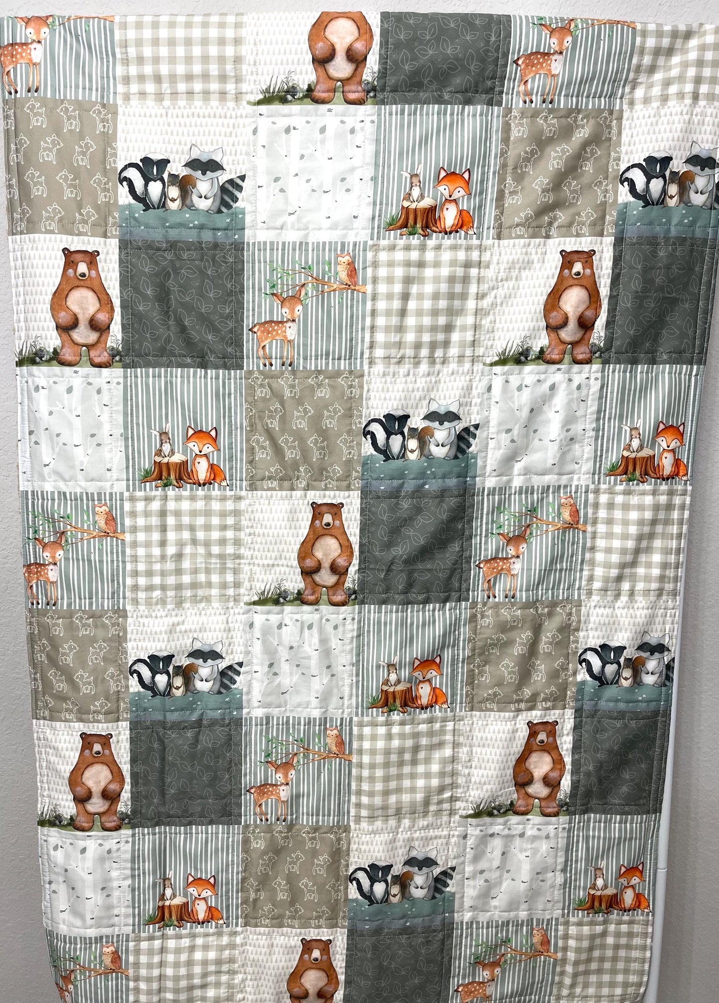 Handmade Woodland Baby Quilt, Organic Cotton Sateen, Eucalyptus Green