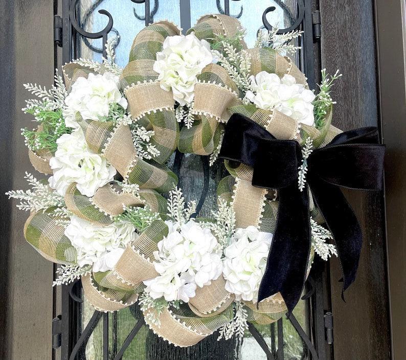 Farmhouse Style Wreath, Hydrangea Porch Decor