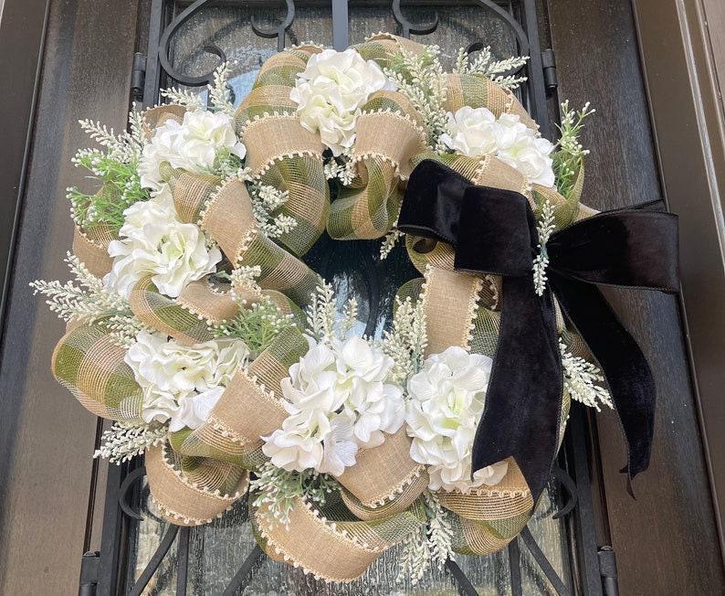 Farmhouse Style Wreath, Hydrangea Porch Decor