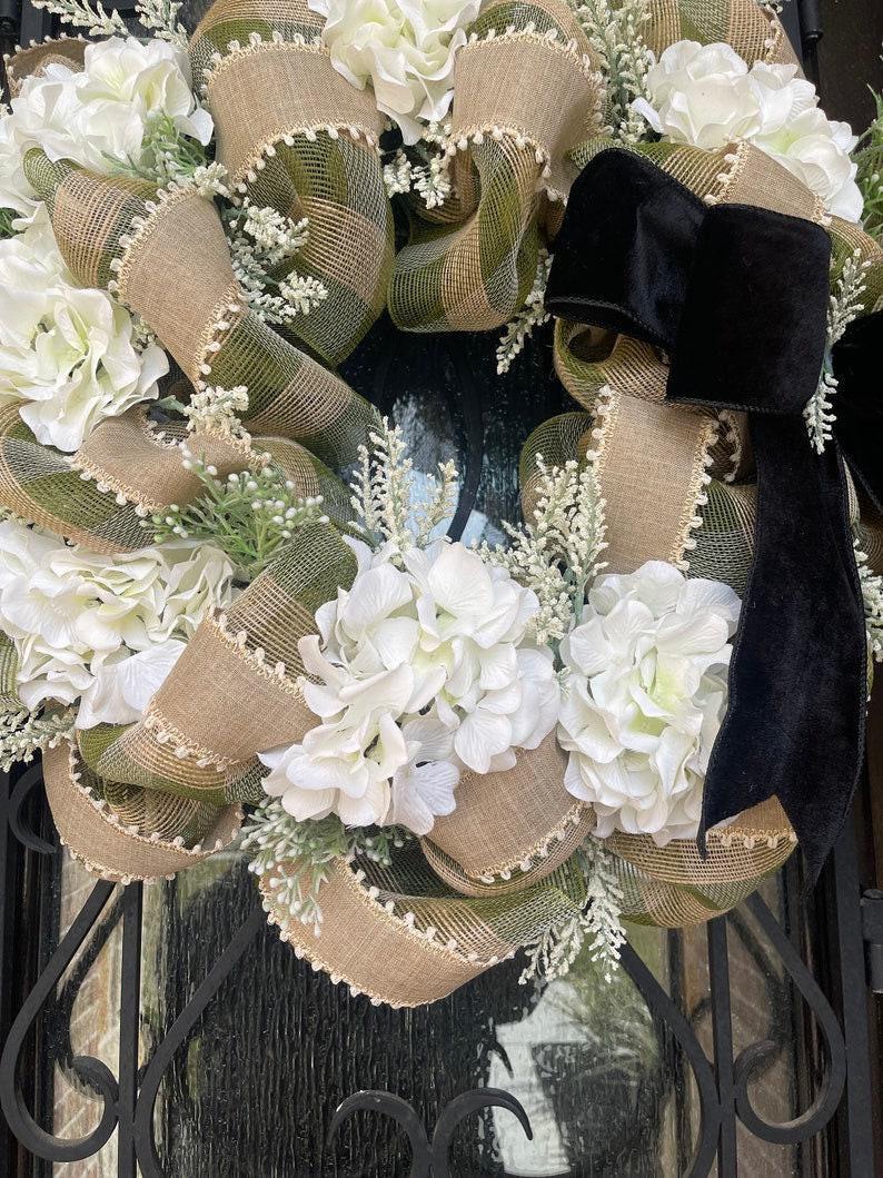 Farmhouse Style Wreath, Hydrangea Porch Decor