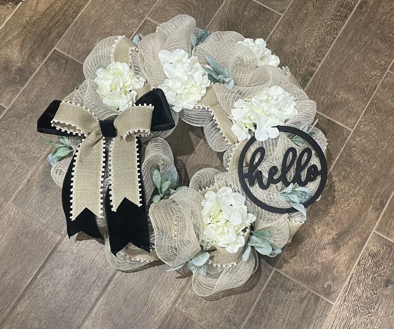 Farmhouse Style Wreath, Hydrangea Porch Decor