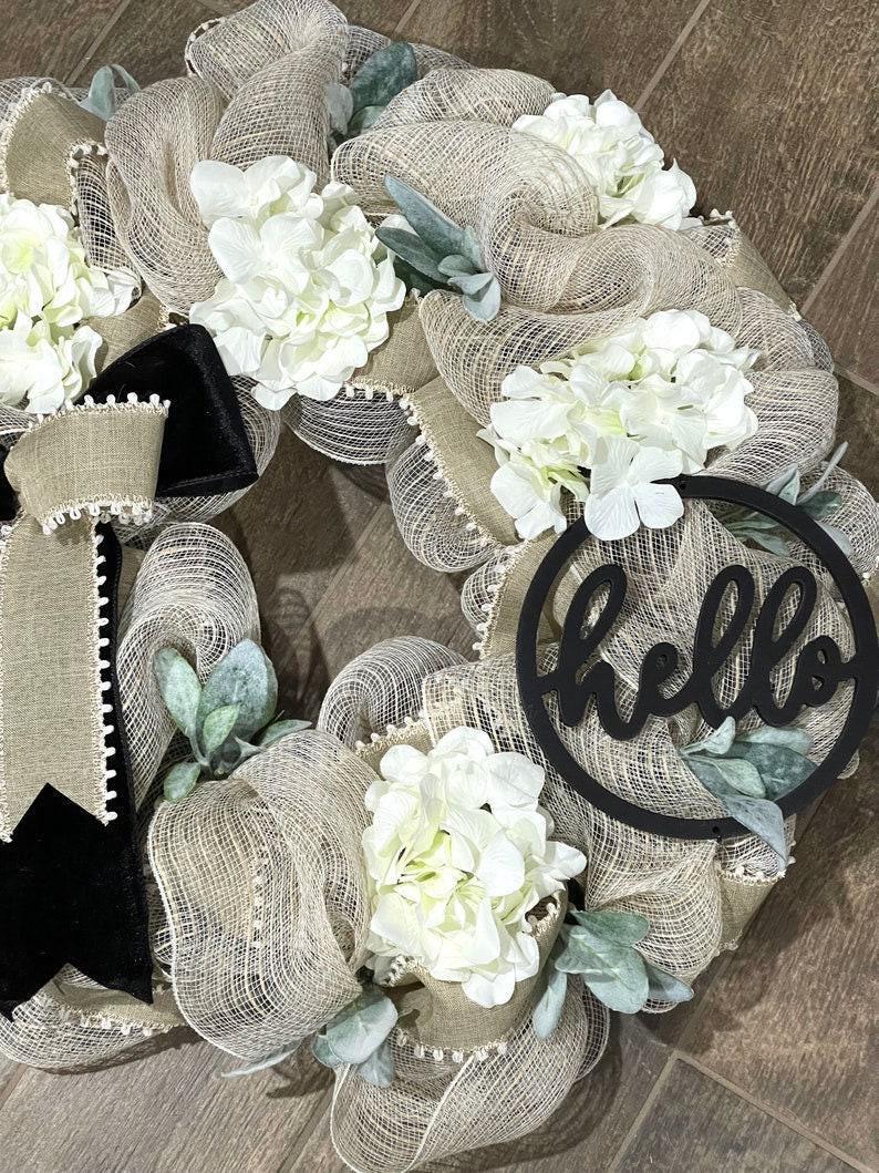 Farmhouse Style Wreath, Hydrangea Porch Decor