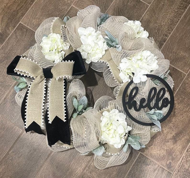 Farmhouse Style Wreath, Hydrangea Porch Decor