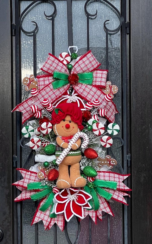 X-Large Gingerbread Christmas Swag Wreath, Holiday Porch Decor