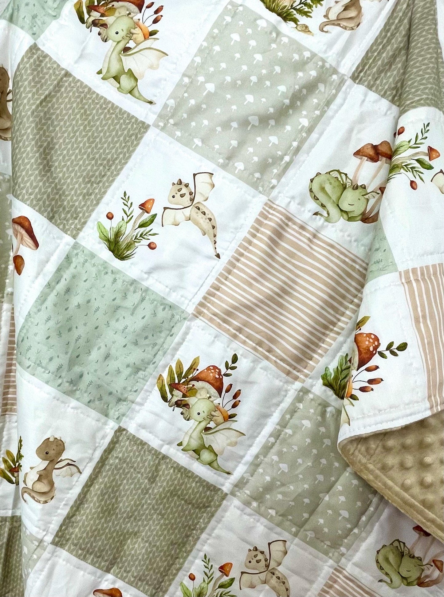 baby boy quilt, dragons theme nursery, clouds,  handmade baby blanket, baby shower gift, olive green and beige
