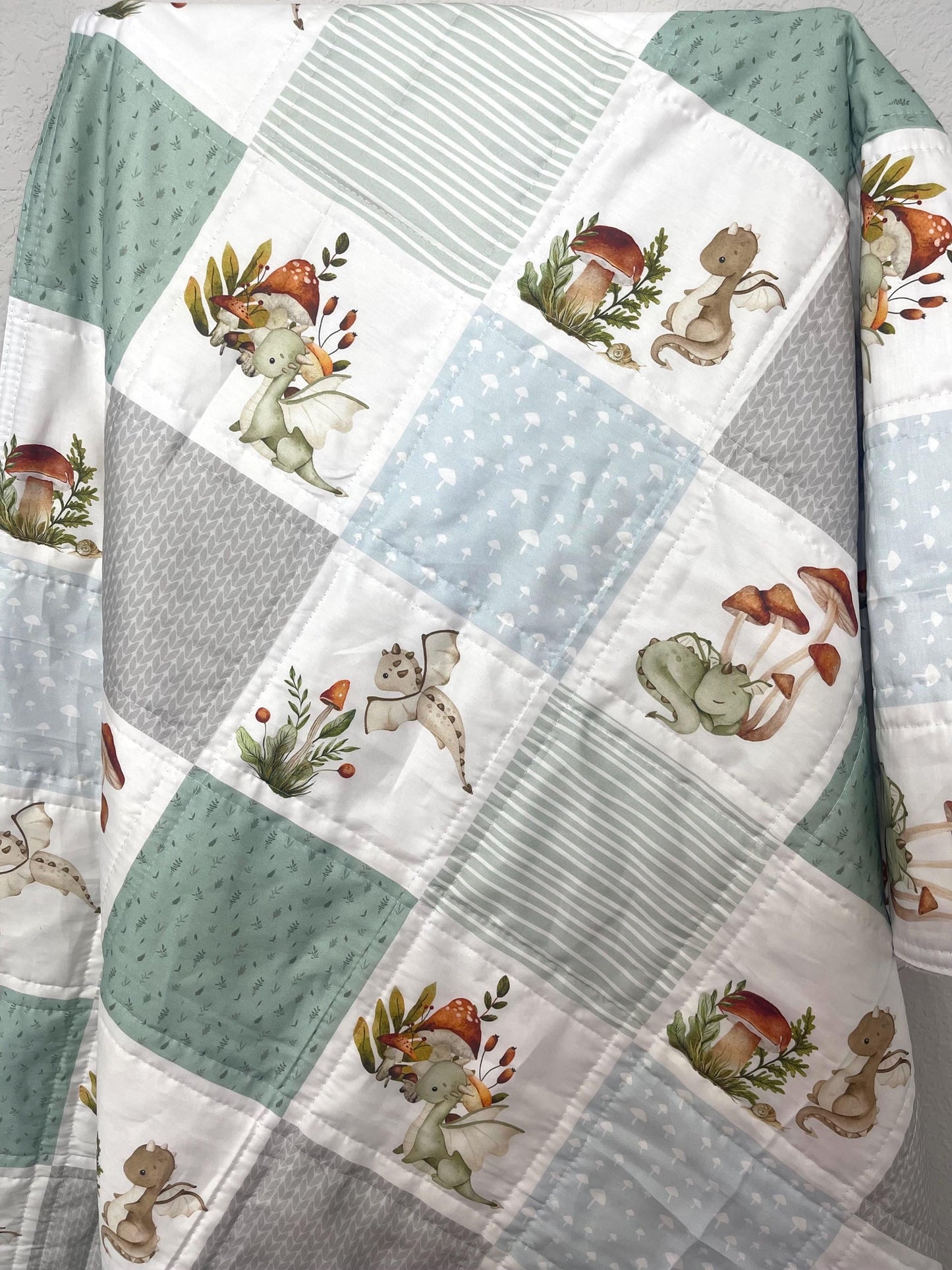 baby boy quilt, dragons theme nursery, clouds,  handmade baby blanket, baby shower gift, Sage green and gray