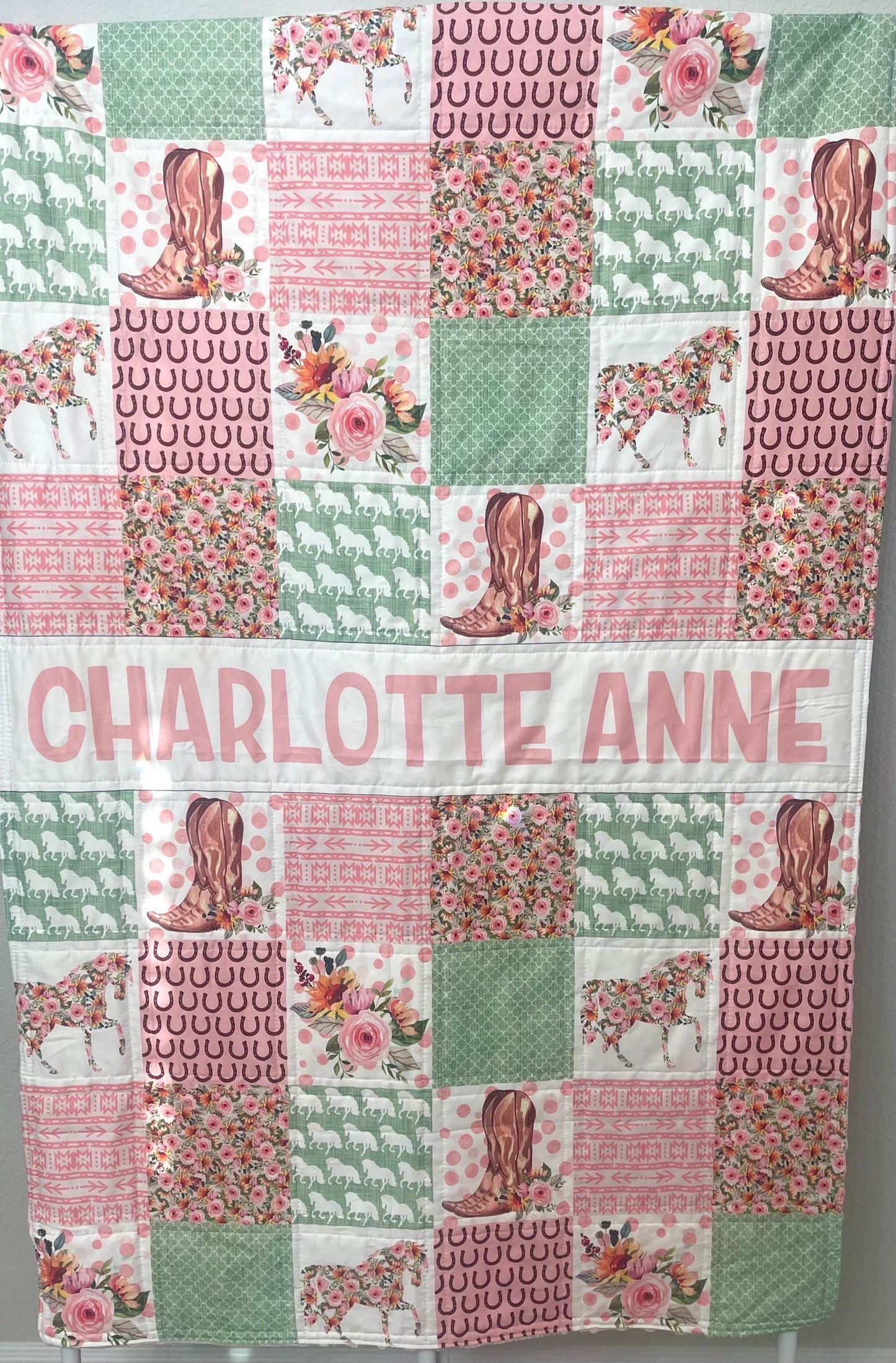 baby girl quilt, horse theme nursery, floral, horseshoes, western , handmade baby blanket, baby shower gift, nursery decor, crib bedding