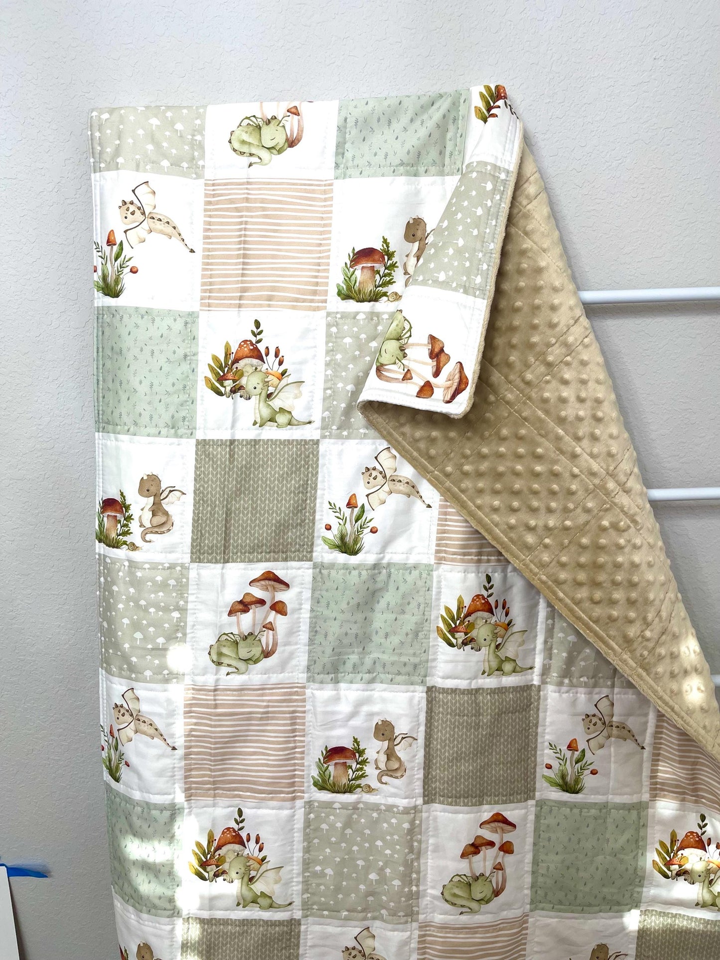 baby boy quilt, dragons theme nursery, clouds,  handmade baby blanket, baby shower gift, olive green and beige