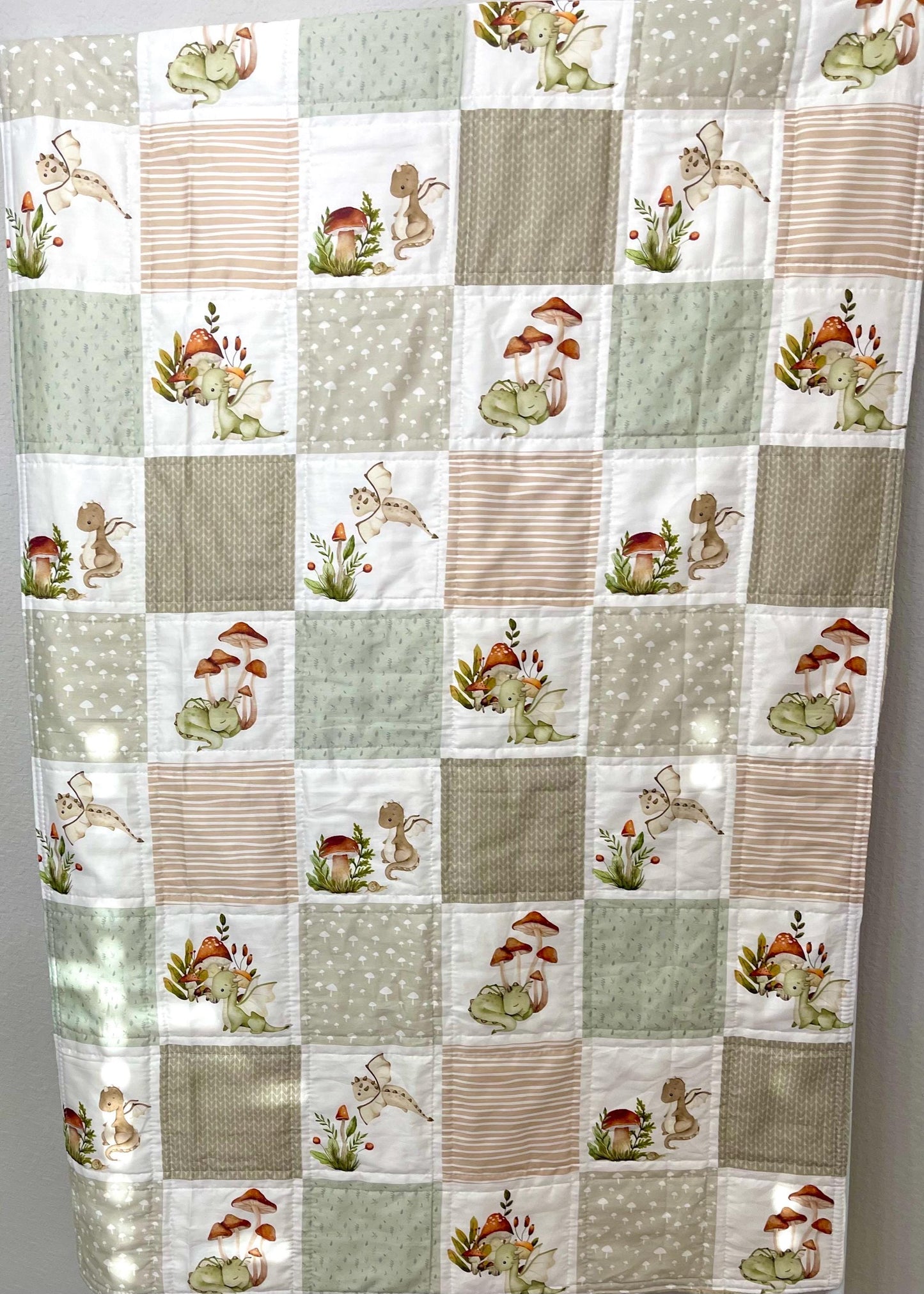 baby boy quilt, dragons theme nursery, clouds,  handmade baby blanket, baby shower gift, olive green and beige