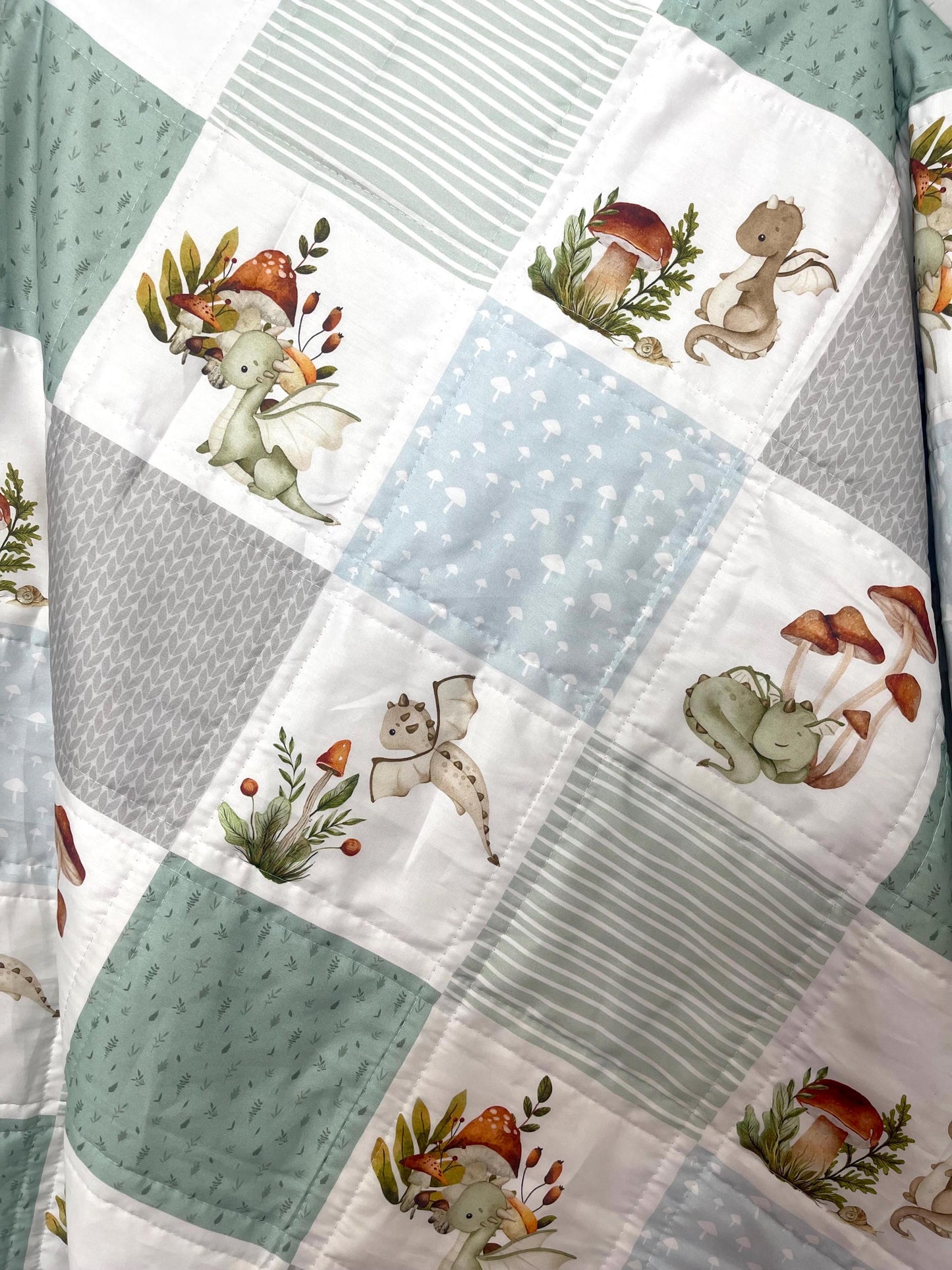 baby boy quilt, dragons theme nursery, clouds,  handmade baby blanket, baby shower gift, Sage green and gray