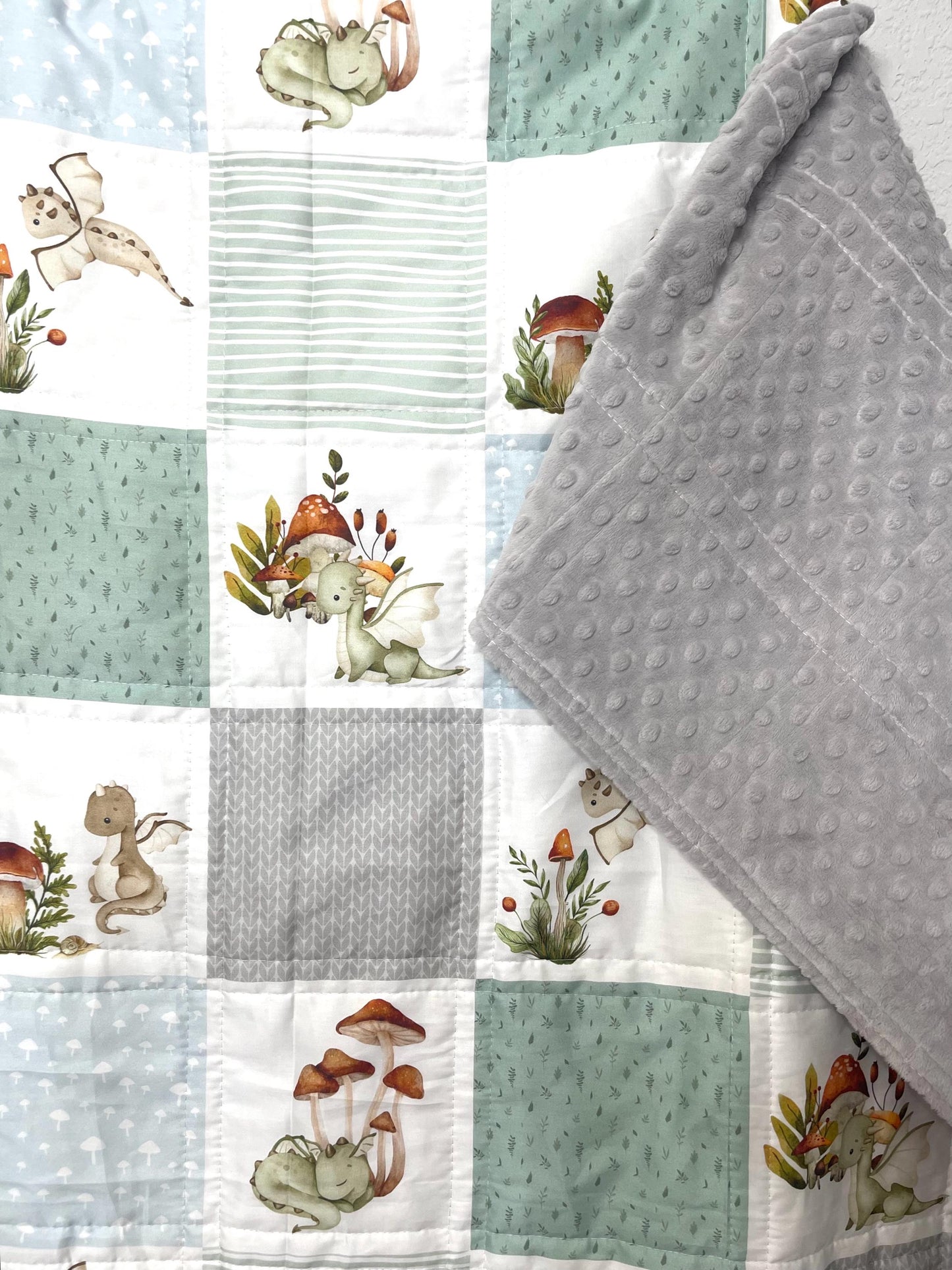 baby boy quilt, dragons theme nursery, clouds,  handmade baby blanket, baby shower gift, Sage green and gray