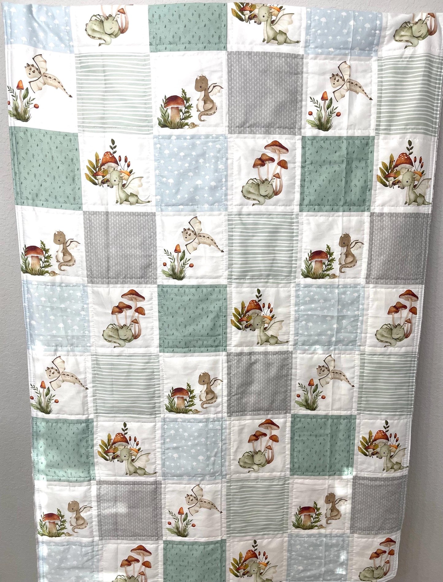 baby boy quilt, dragons theme nursery, clouds,  handmade baby blanket, baby shower gift, Sage green and gray