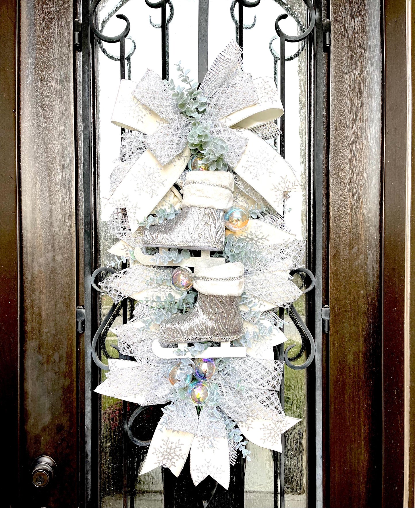 Ice Skates Christmas Swag, Silver White Holiday Wreath