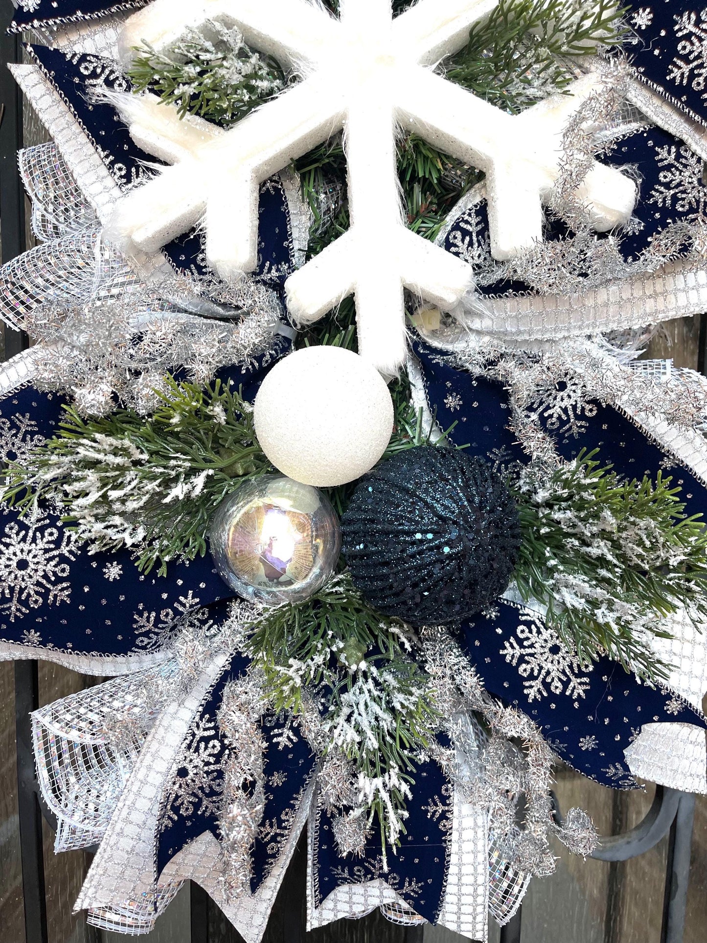 Snowflake Christmas Swag, Navy Silver Holiday Wreath