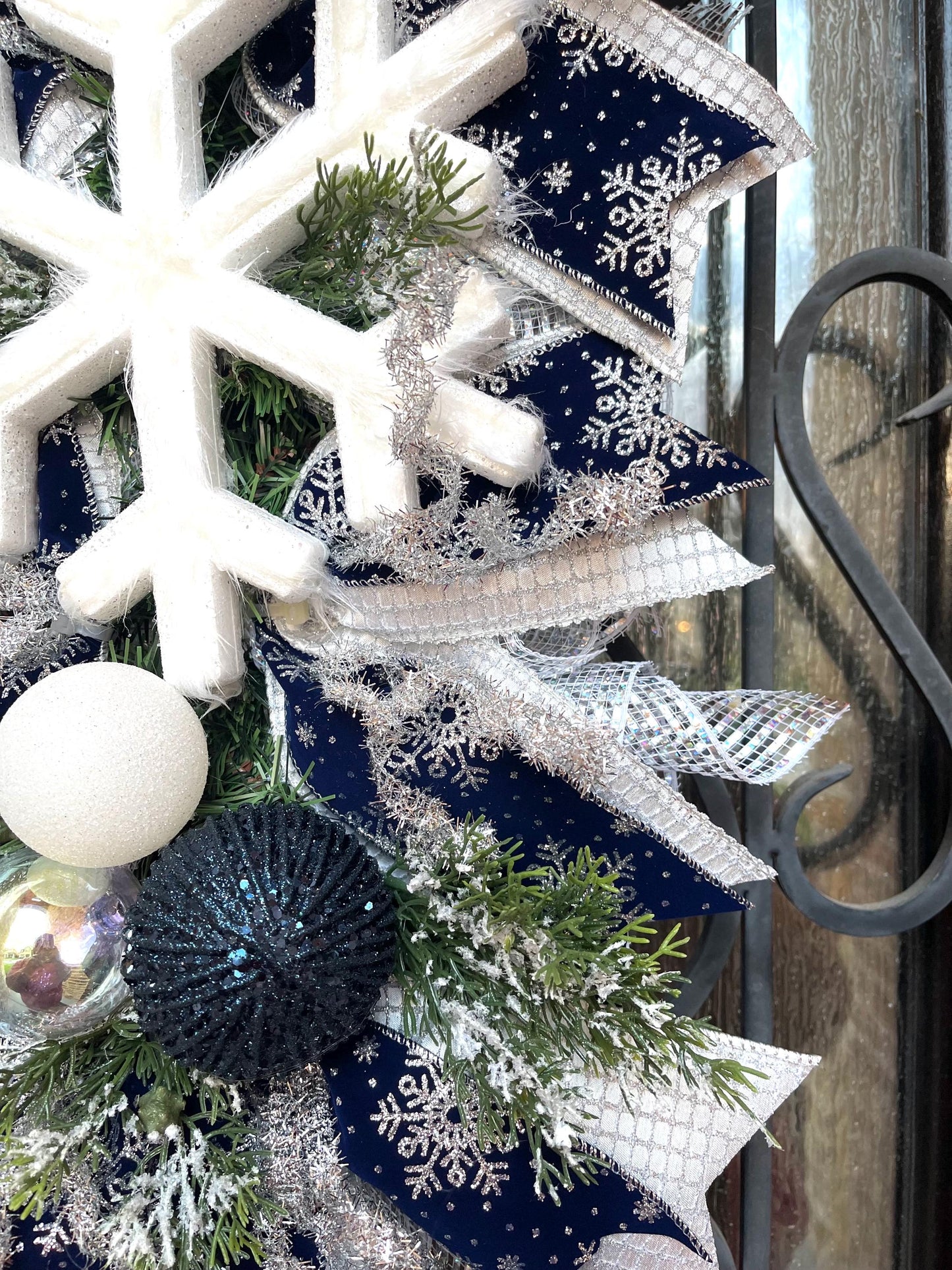 Snowflake Christmas Swag, Navy Silver Holiday Wreath