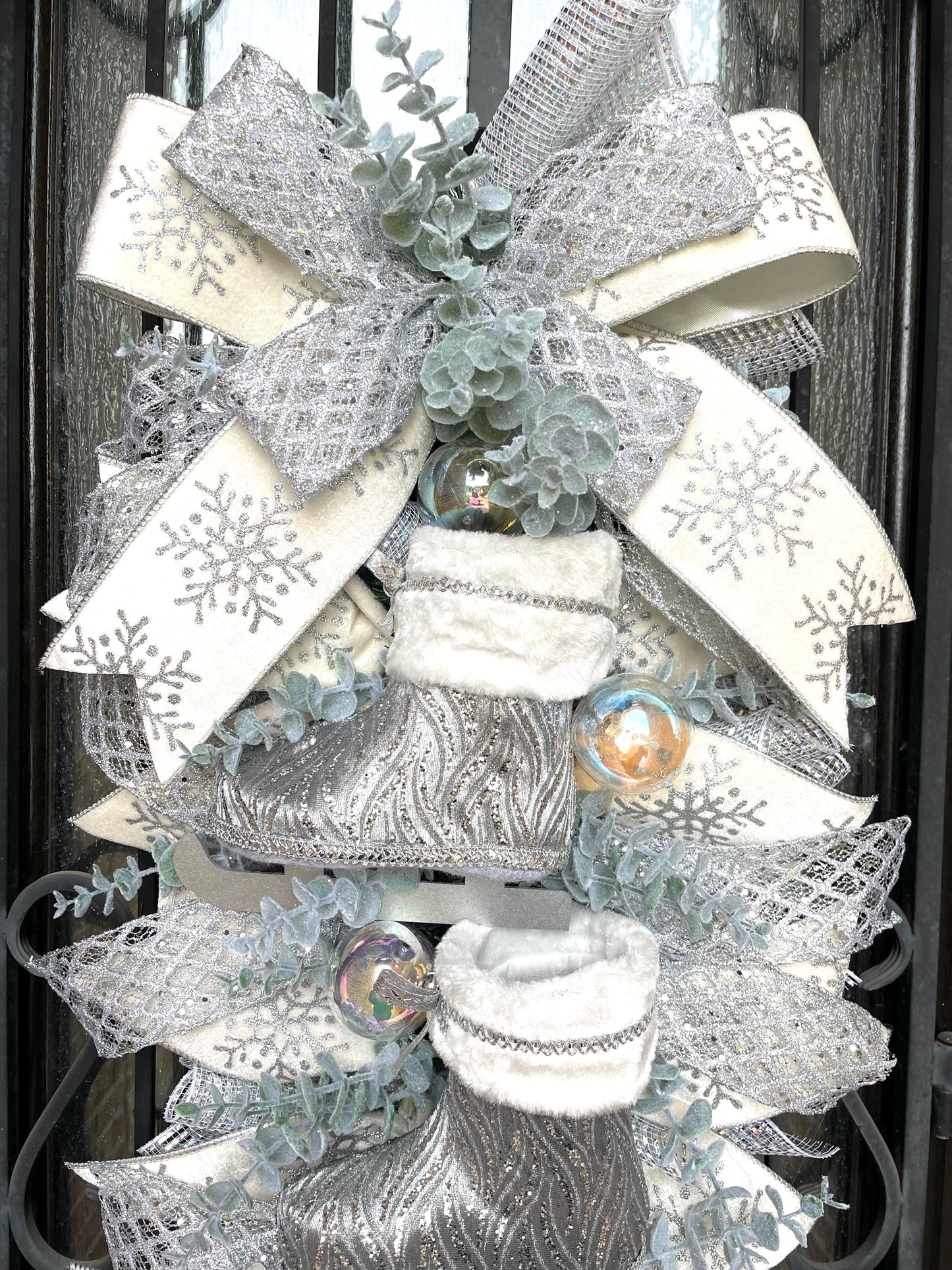 Ice Skates Christmas Swag, Silver White Holiday Wreath