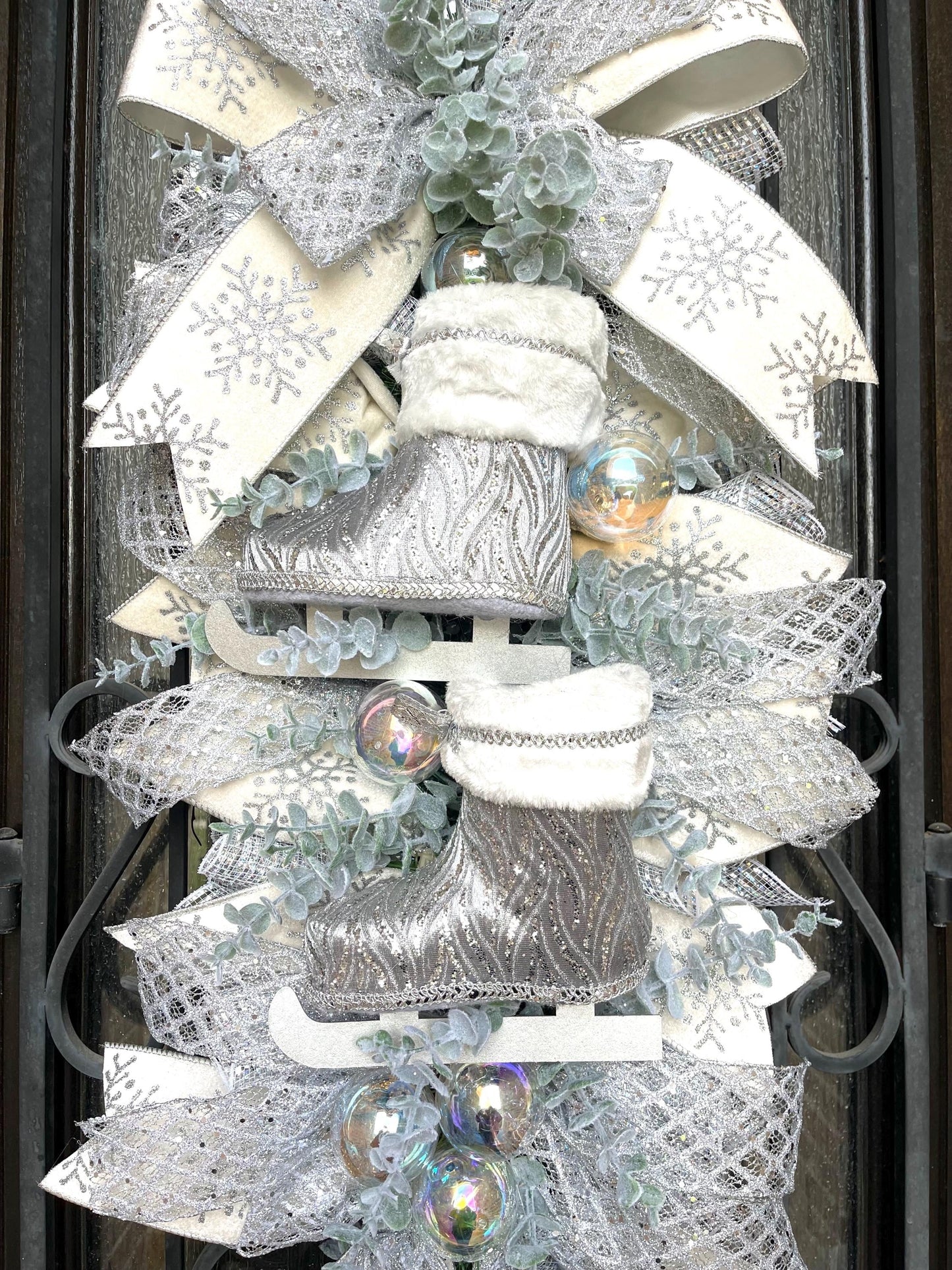 Ice Skates Christmas Swag, Silver White Holiday Wreath