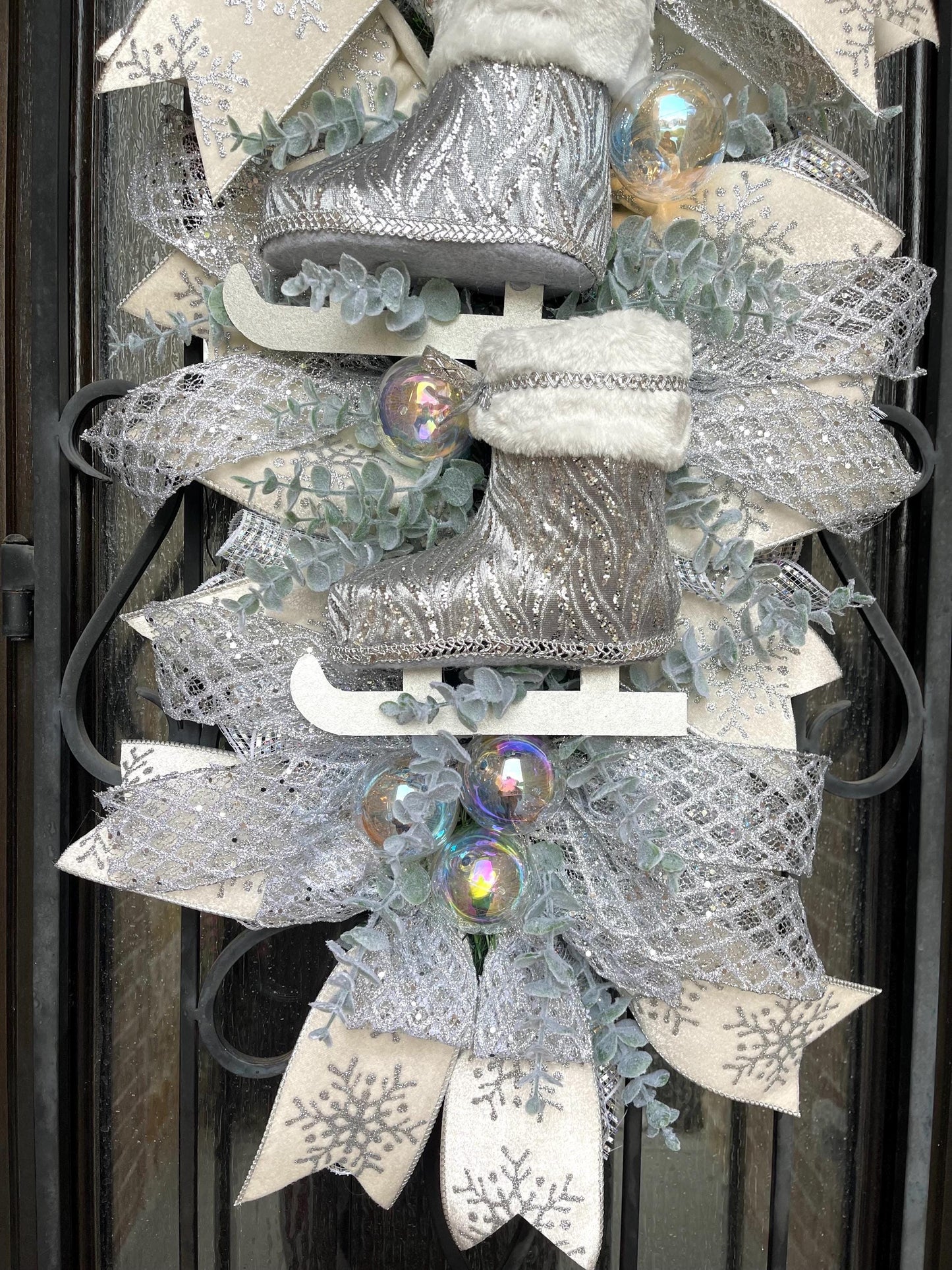 Ice Skates Christmas Swag, Silver White Holiday Wreath