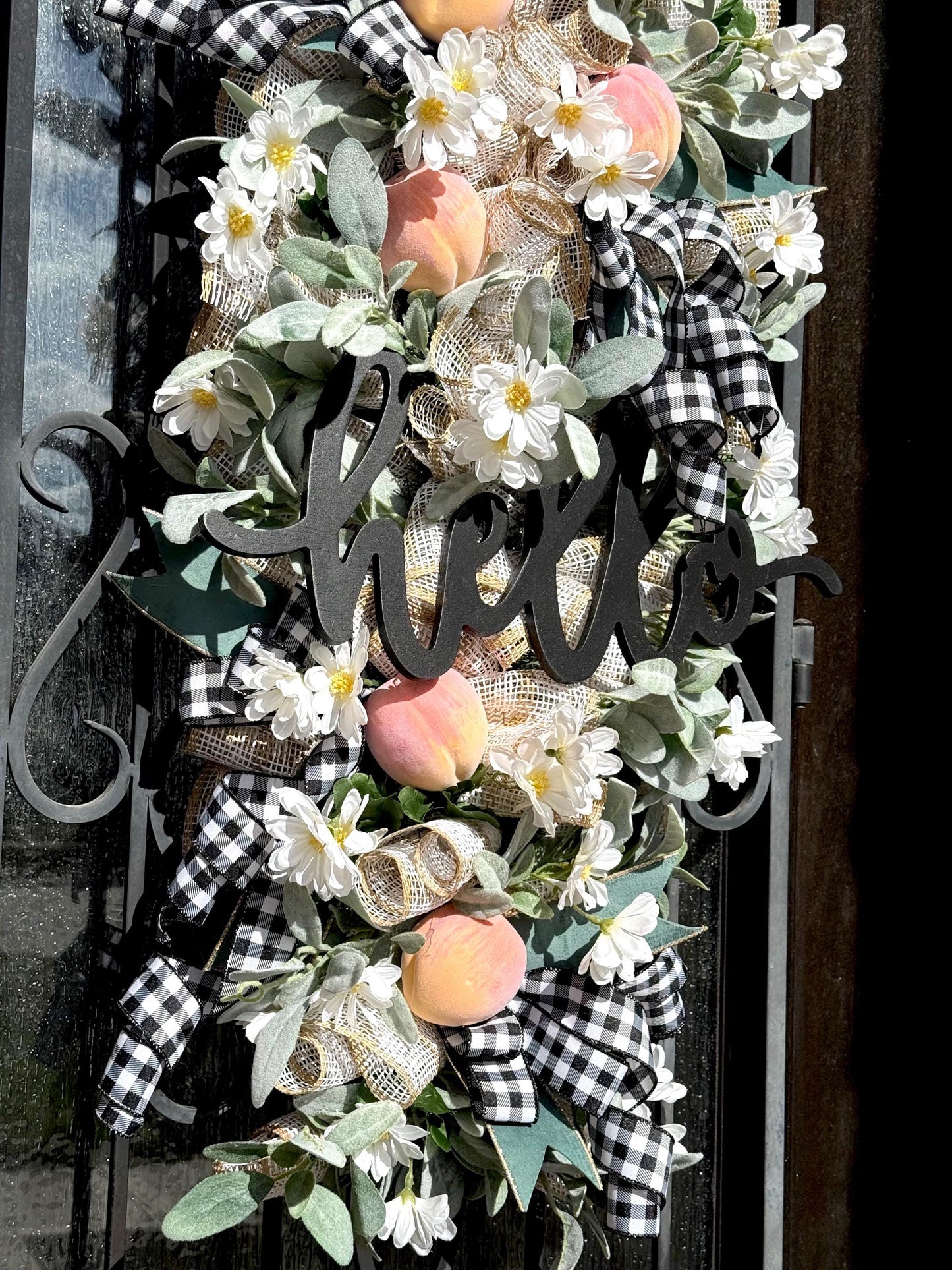 Peach & Lamb's Ear Door Swag, Handmade Spring Summer Wreath