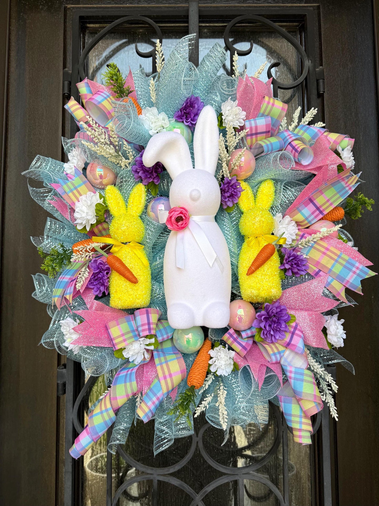 Luxury Easter Bunny Wreath | Handmade Front Door Decor with Bow & Easter Eggs | Spring Porch Decoration