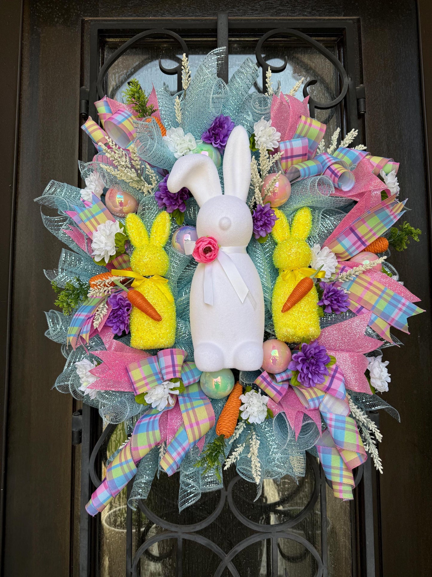 Luxury Easter Bunny Wreath | Handmade Front Door Decor with Bow & Easter Eggs | Spring Porch Decoration