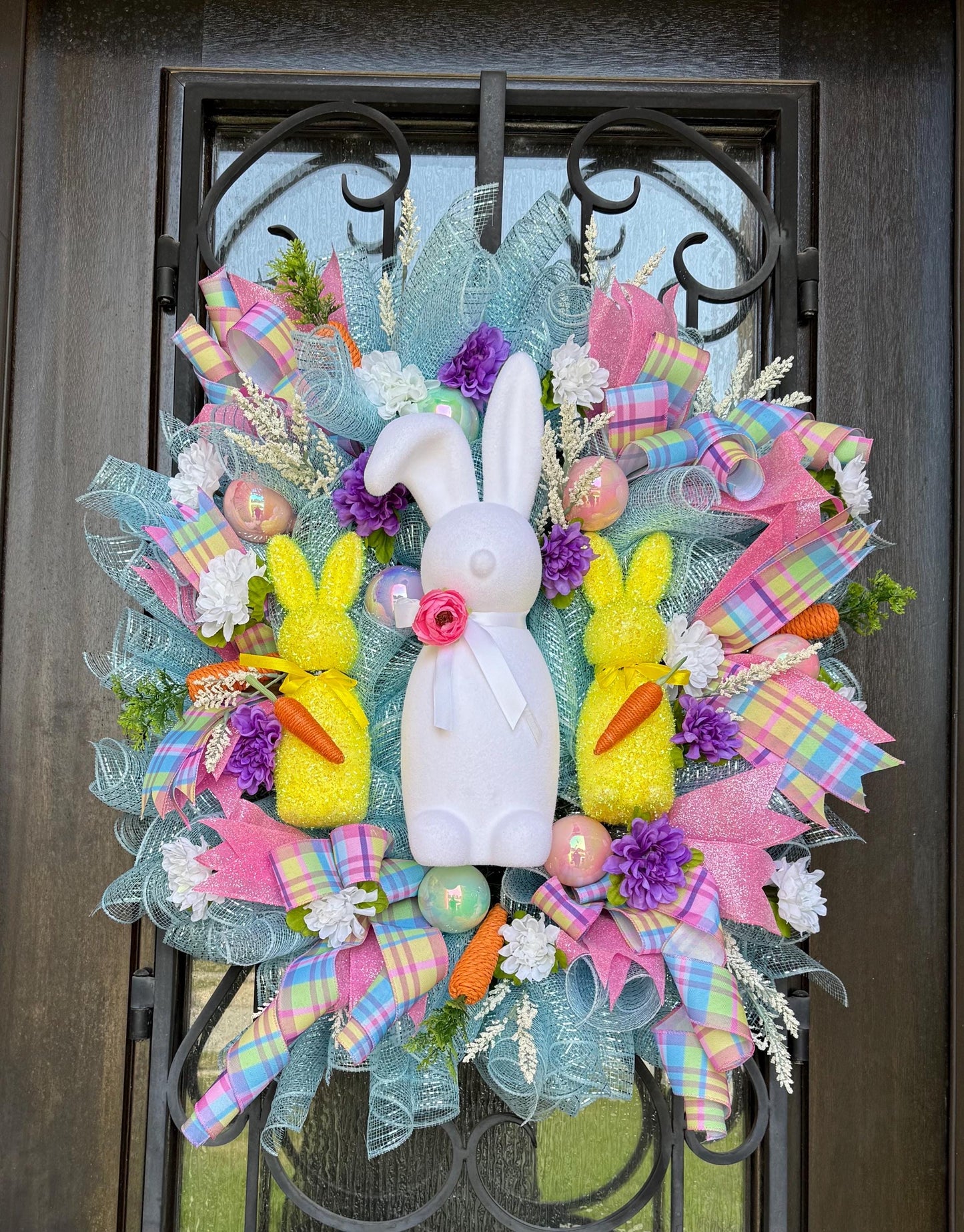 Luxury Easter Bunny Wreath | Handmade Front Door Decor with Bow & Easter Eggs | Spring Porch Decoration