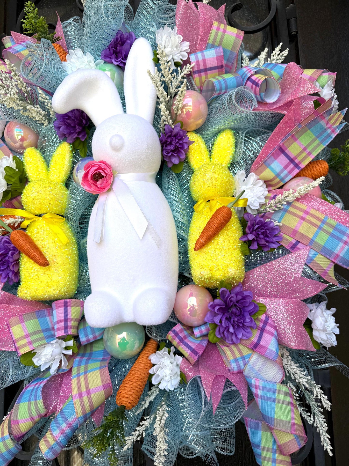 Luxury Easter Bunny Wreath | Handmade Front Door Decor with Bow & Easter Eggs | Spring Porch Decoration
