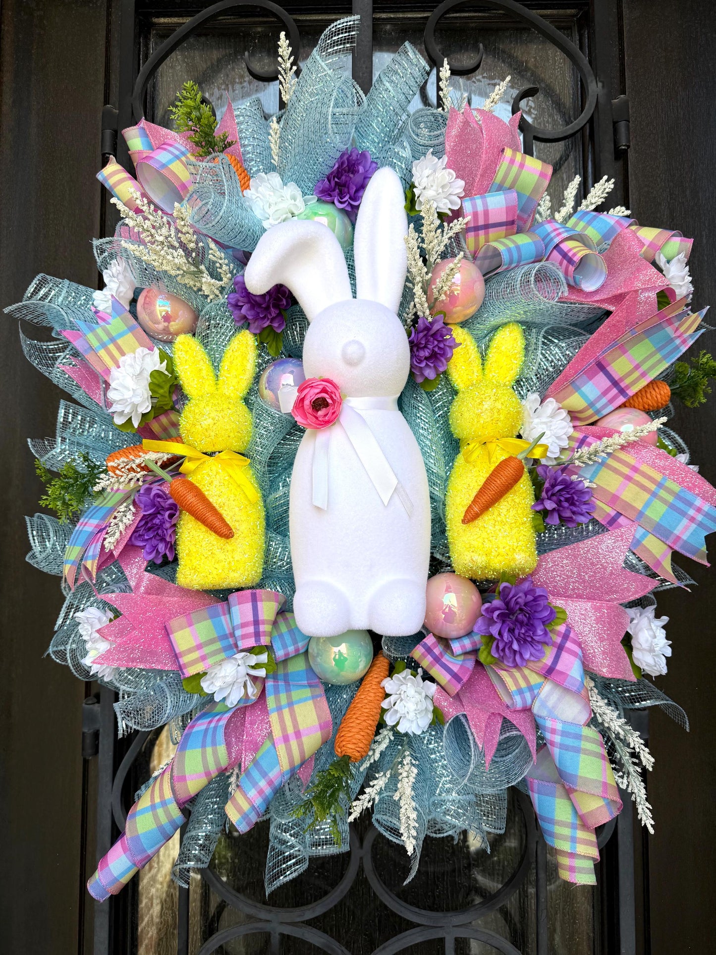 Luxury Easter Bunny Wreath | Handmade Front Door Decor with Bow & Easter Eggs | Spring Porch Decoration