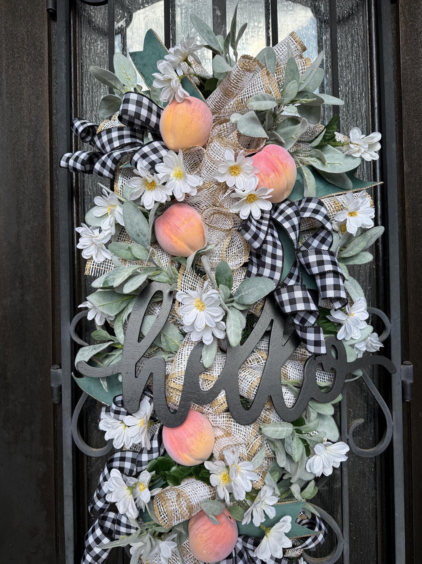 Peach & Lamb's Ear Door Swag, Handmade Spring Summer Wreath