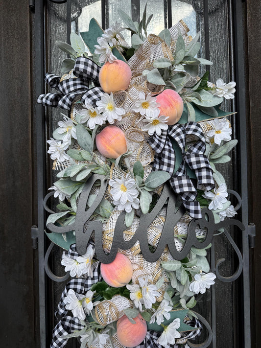 Peach & Lamb's Ear Door Swag, Handmade Spring Summer Wreath