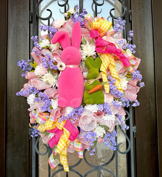 Easter Bunny Door Wreath , Spring Floral Porch Decor