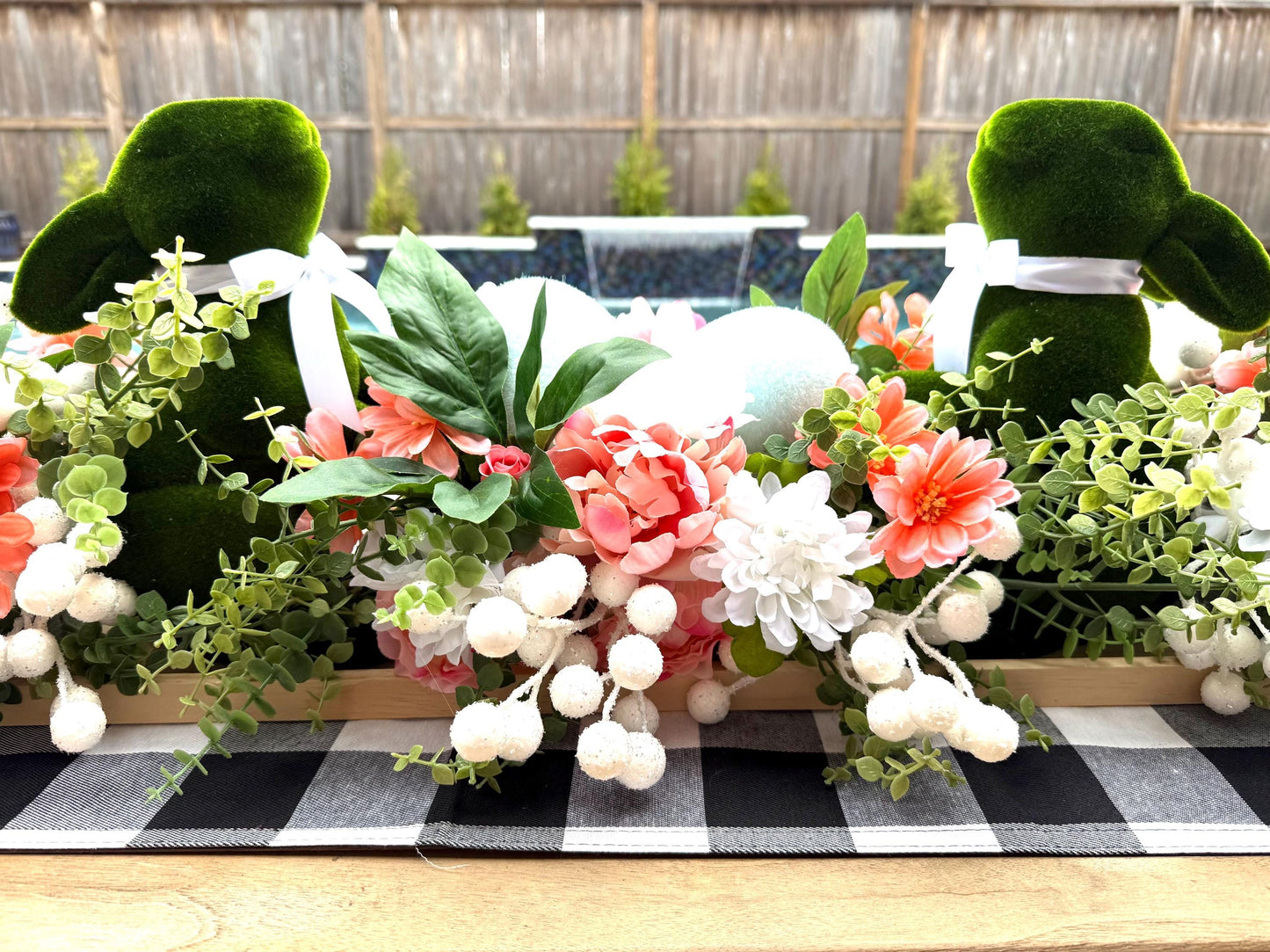 Floral Easter Centerpiece, Moss Bunny Decor, Farmhouse Table Arrangement