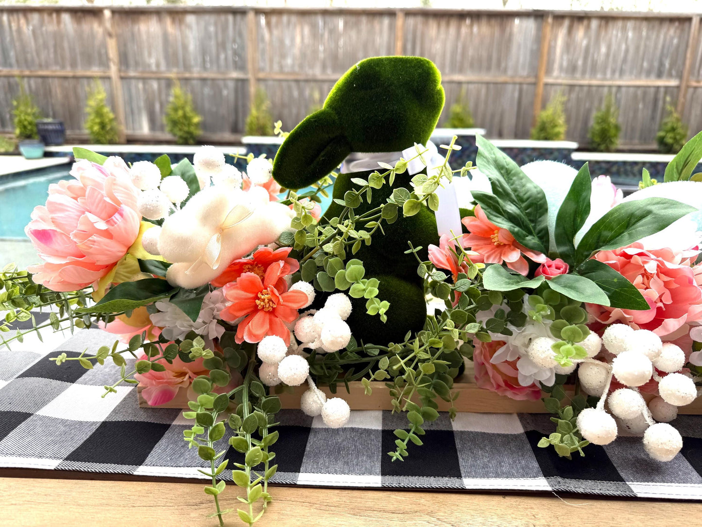 Floral Easter Centerpiece, Moss Bunny Decor, Farmhouse Table Arrangement