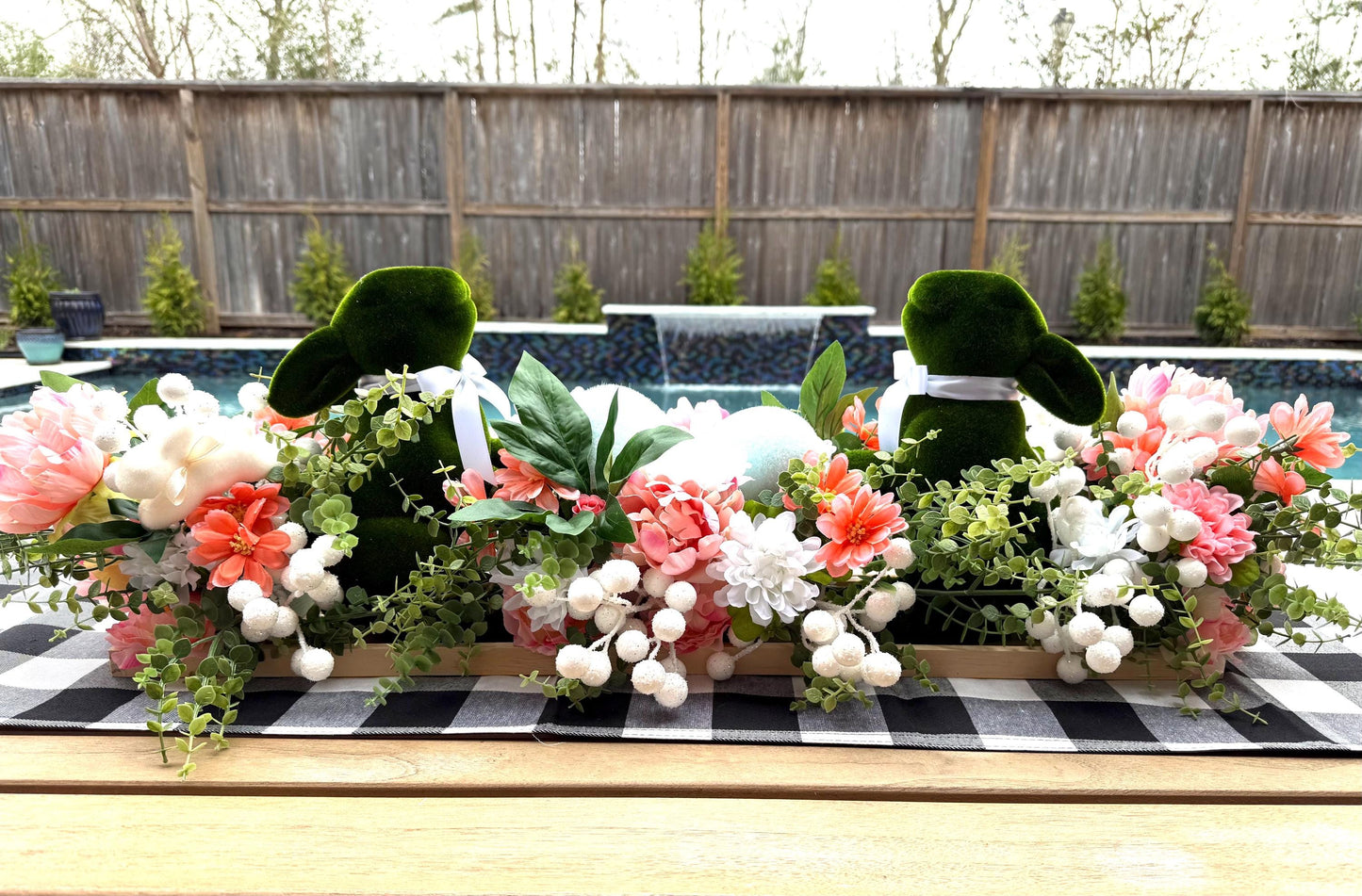 Floral Easter Centerpiece, Moss Bunny Decor, Farmhouse Table Arrangement