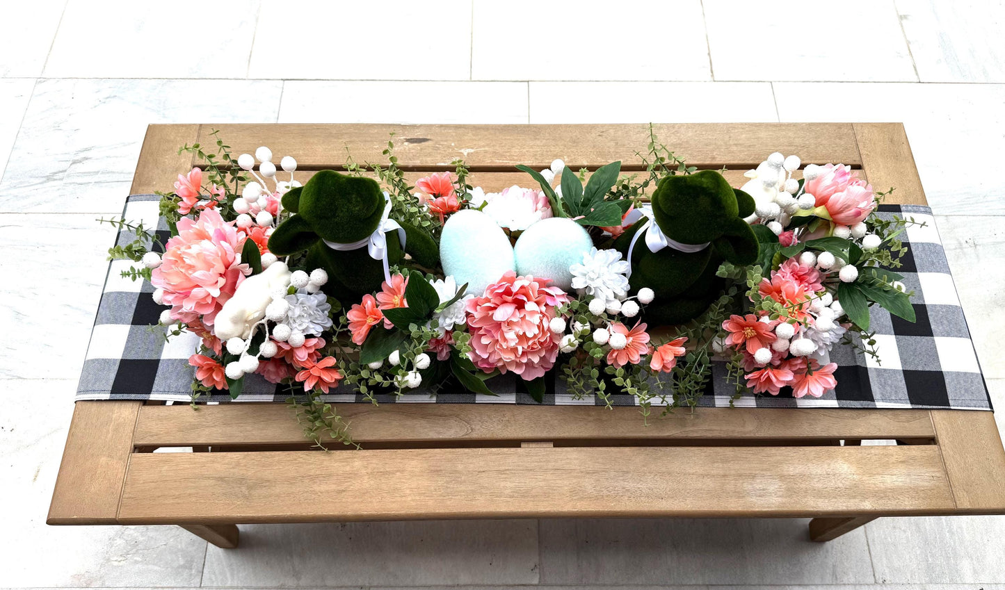 Floral Easter Centerpiece, Moss Bunny Decor, Farmhouse Table Arrangement