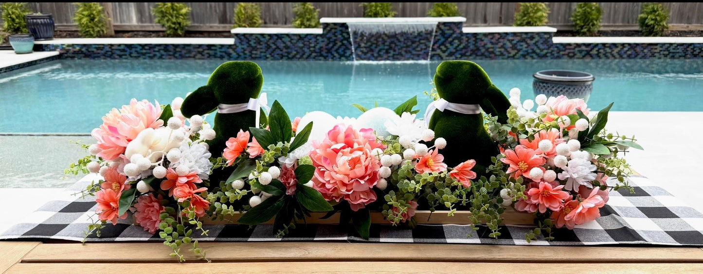Floral Easter Centerpiece, Moss Bunny Decor, Farmhouse Table Arrangement